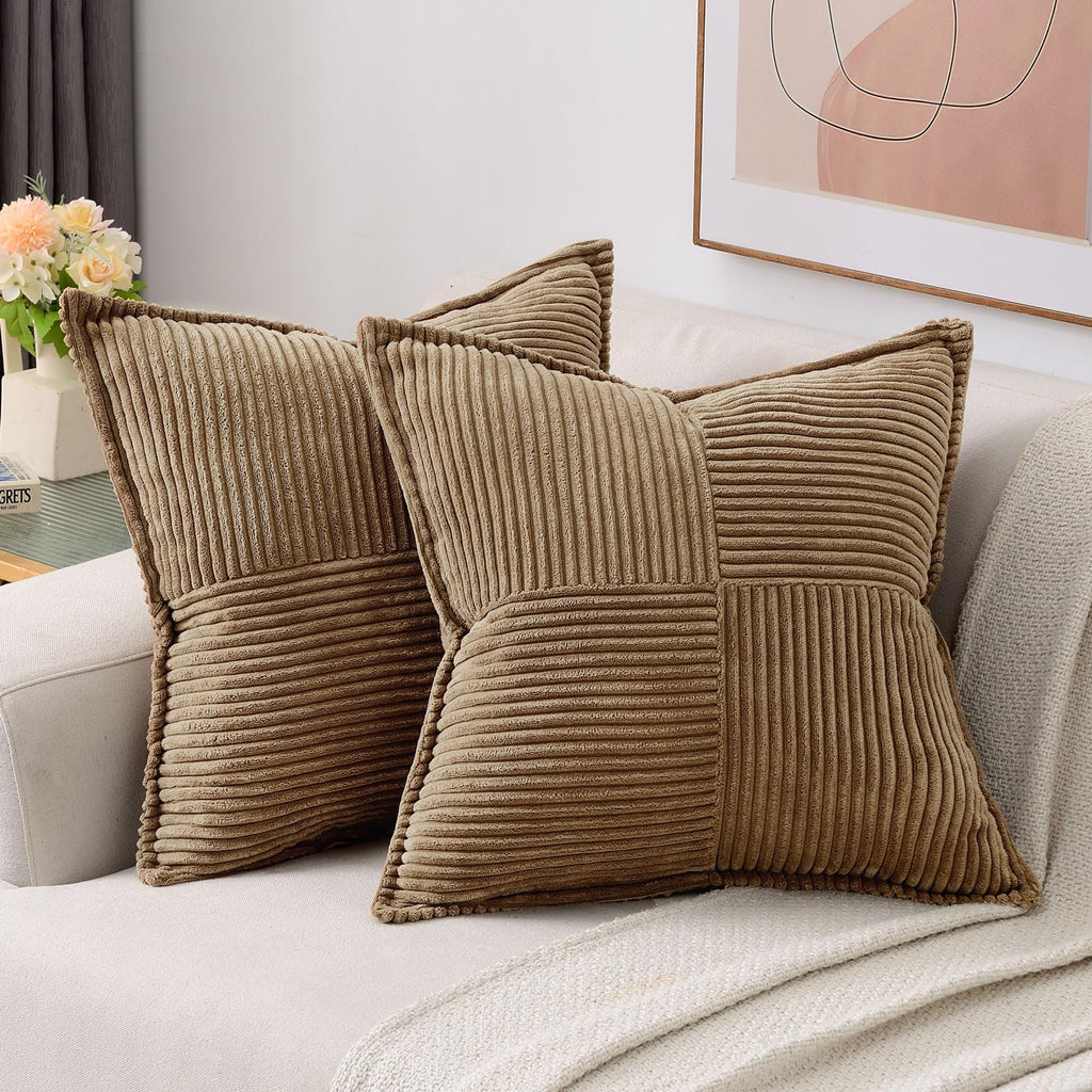 Haussy Brown Throw Pillow Covers 20X20 Inch Set Of 2,Soft Solid Corduroy Striped/Wide Bordered,Square Decorative Cushion Case,Wi