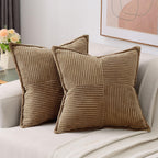 Haussy Brown Throw Pillow Covers 20X20 Inch Set Of 2,Soft Solid Corduroy Striped/Wide Bordered,Square Decorative Cushion Case,Wi