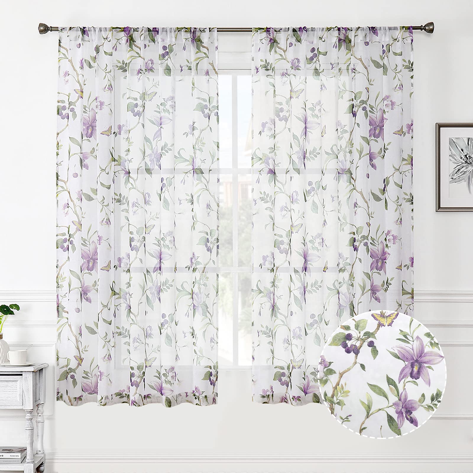 Tollpiz Floral Sheer Curtain Purple Cherry Flower Butterfly Print Living Room Curtains Rod Pocket Voile Linen Look Short White S