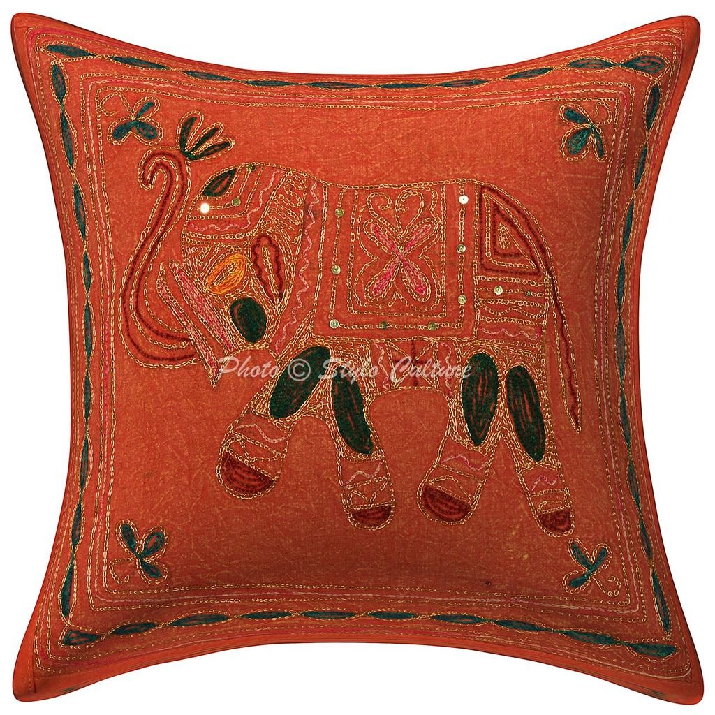 Stylo Culture Decorative Cotton Cushion Cover 16X16 Inch Gold Thread Embroidered Orange Drawing Room Decor Rajasthani Elephant S