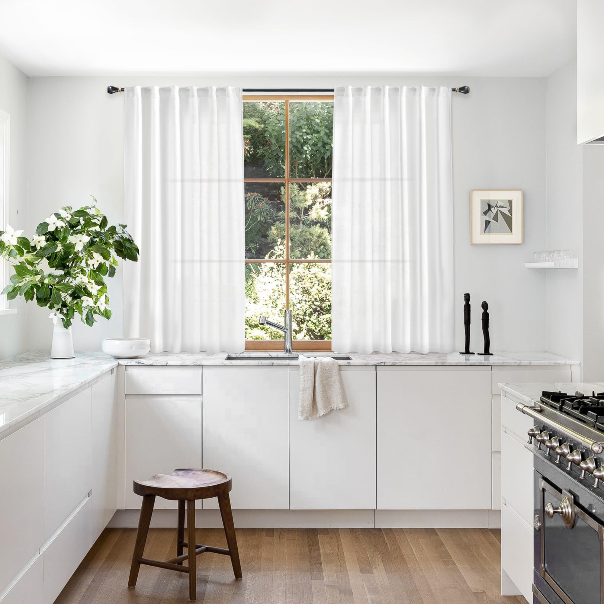 Meetbily White Kitchen Curtains 45 Inch Length 2 Panels Set Back Tab Pocket Farmhouse Light Filtering Semi Sheer Short Linen Cur