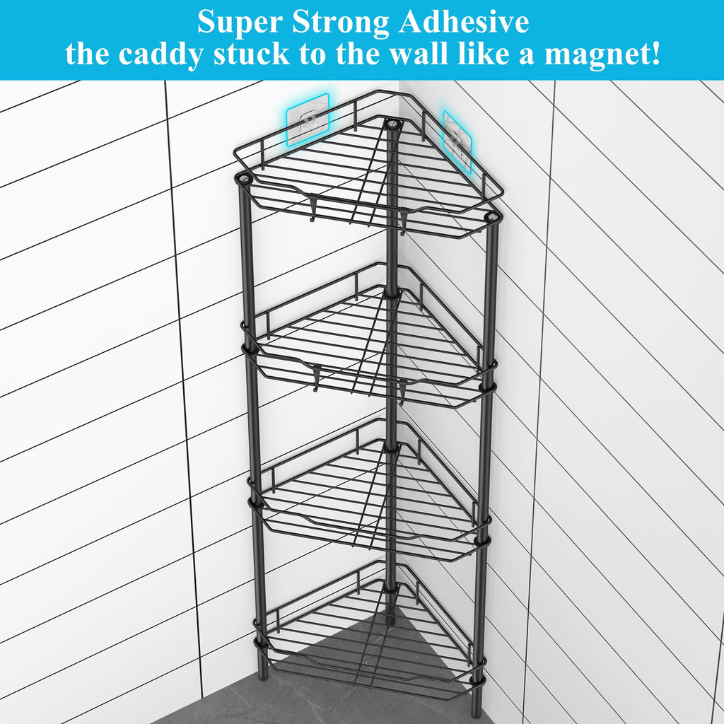HuggieGems C226 4 Tier Floor Standing Corner Shower Caddy Organizer Shelf with Hooks, Black