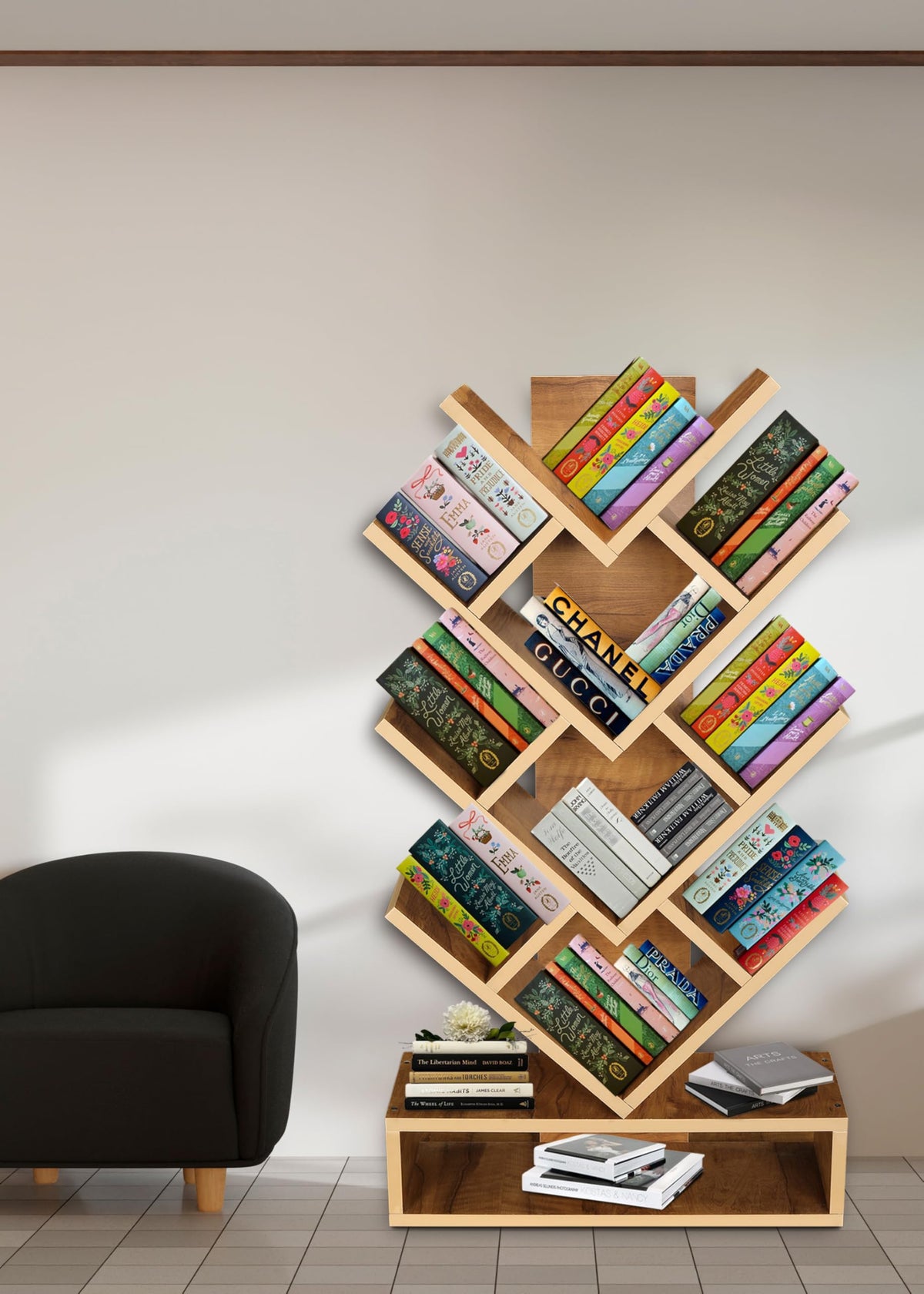 Sbf Furniture Tree Bookshelf 5Shelf Floor Standing Bookcase Free Standing Magazines Books Multipurpose Home Decor Storage Rack