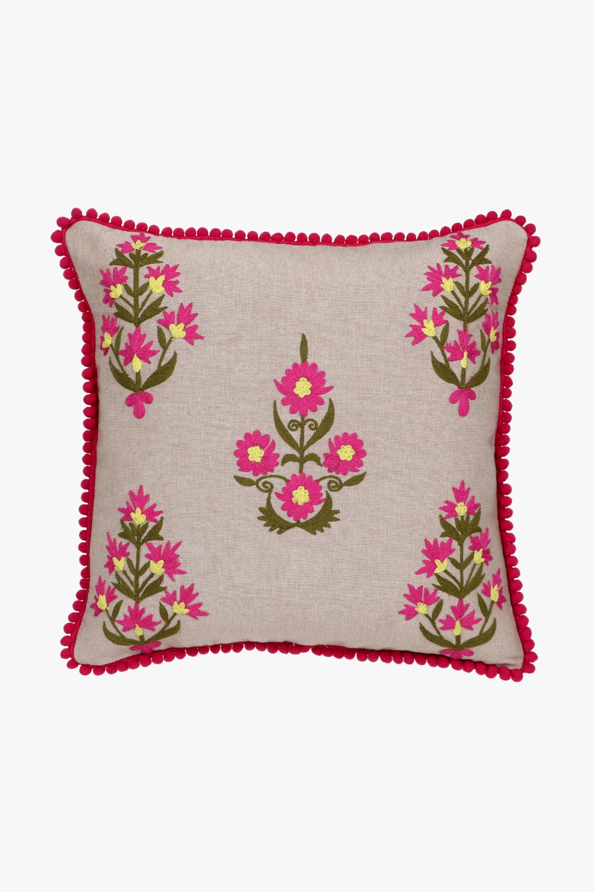 Mezposh Beige, Pink & Green Floral Embroidered Chambray Canvas Cushion Cover (16X16)
