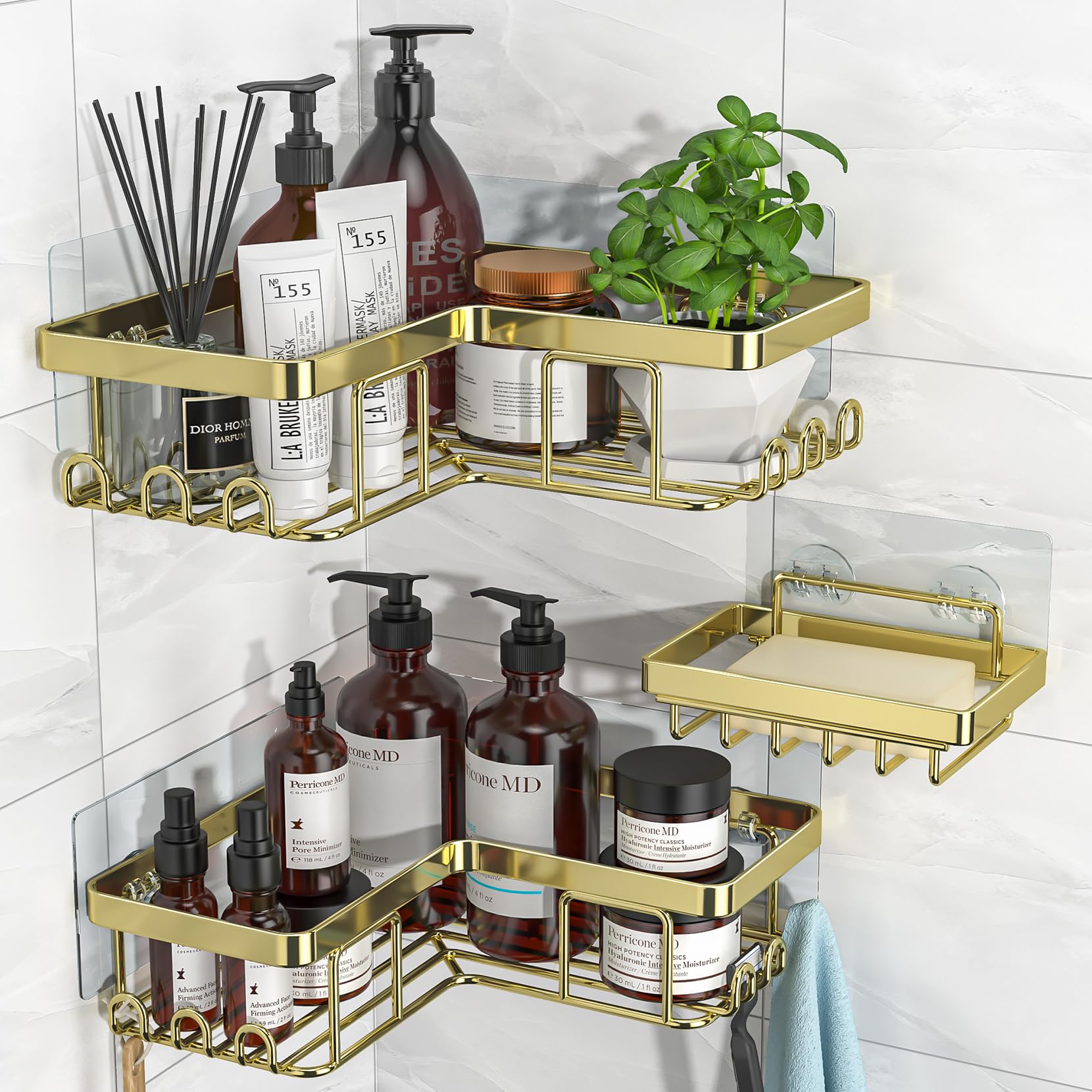 YASONIC Corner Shower Caddy, 3-Pack Adhesive Shower Caddy with Soap Holder and 12 Hooks, Rustproof Stainless Steel Bathroom Show