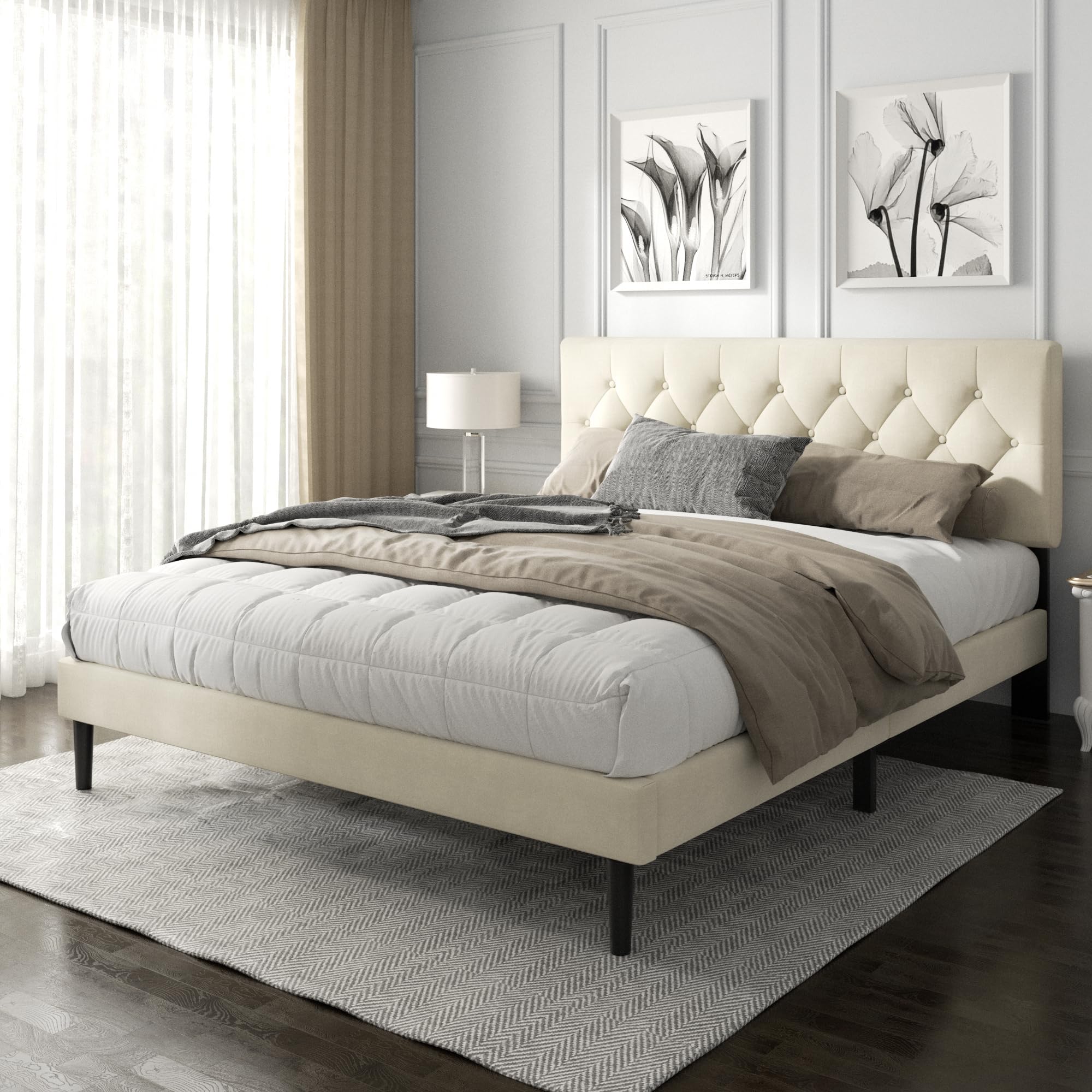 Haoara King Size Platform Bed Frame With Upholstered Button Tufted Headboard, Mattress Foundation With Wooden Slat Support, Noise Free, No Box Spring Needed, Easy Assembly, Beige Velvet