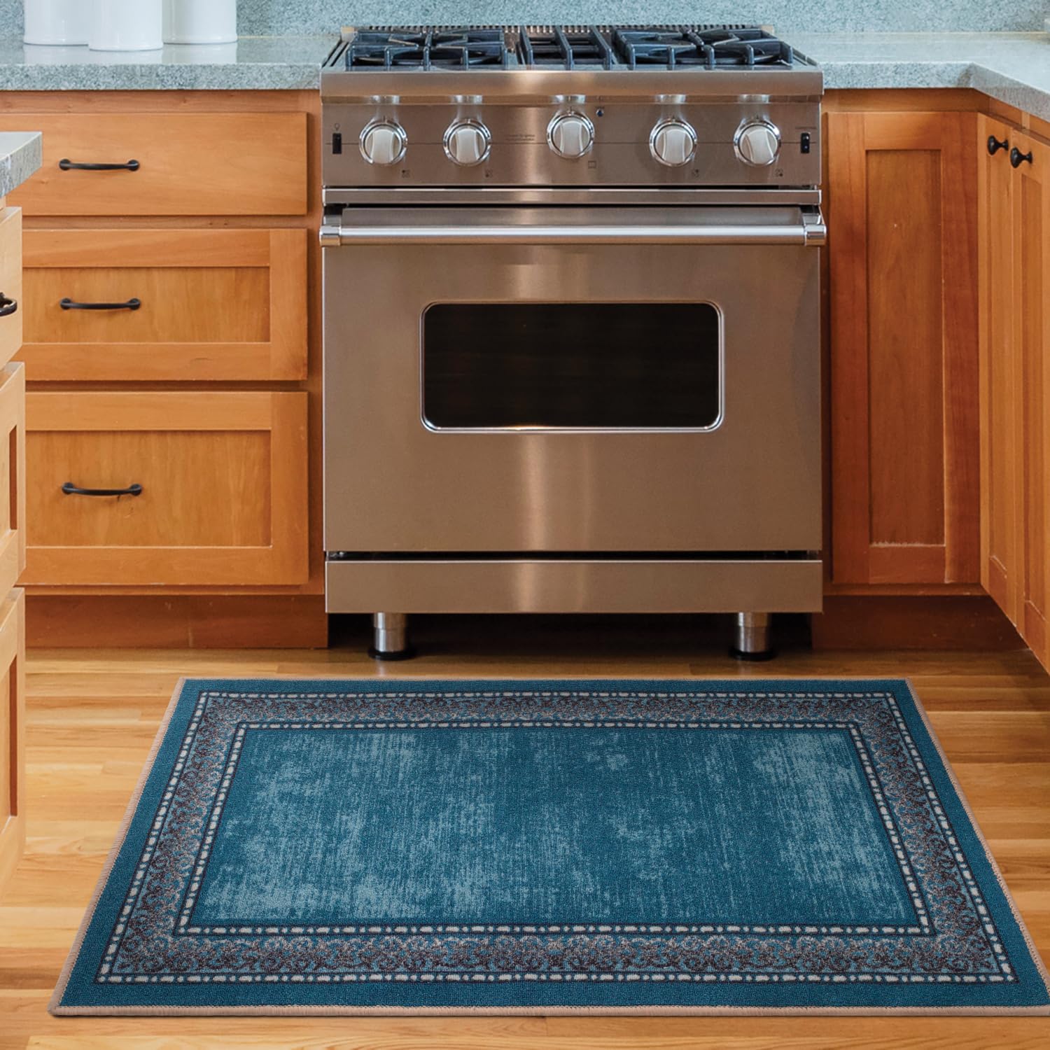 Antep Rugs Alfombras Bordered Modern 2x4 Non-Slip (Non-Skid) Low Pile Rubber Backing Kitchen Area Rug (Turquoise Blue, 23 x 4)