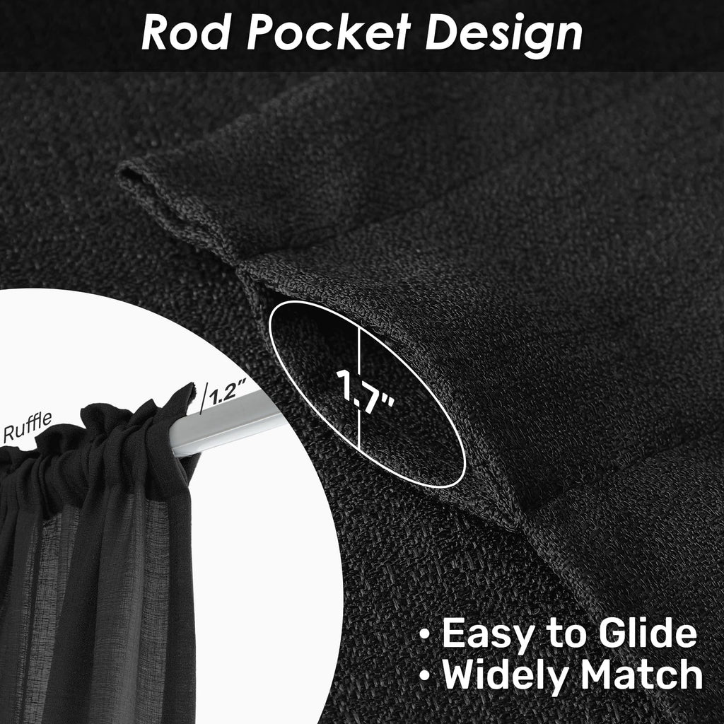 Melodieux Black Semi Sheer Curtains 72 Inches Long For Bedroom, Living Room Linen Look Privacy Window Rod Pocket Sheer Drapes, 5