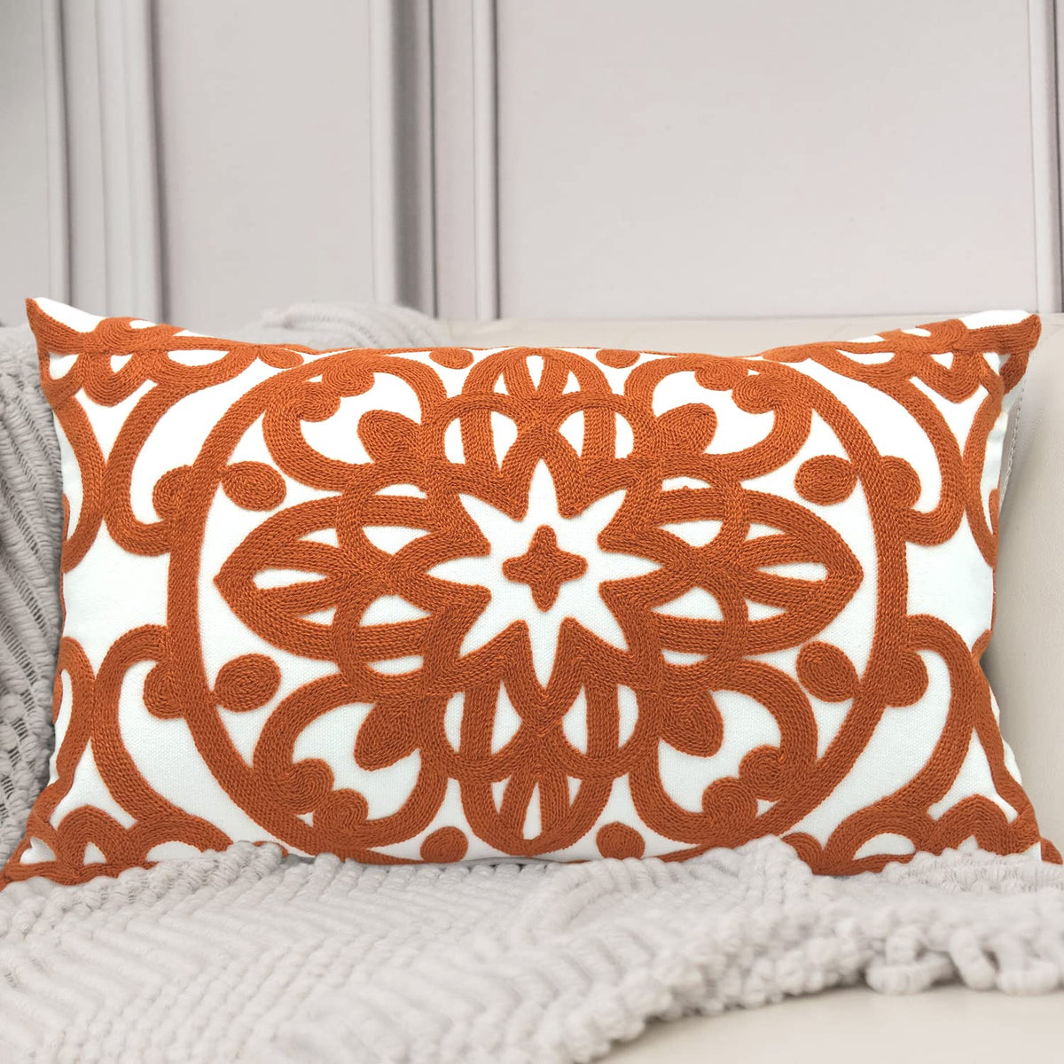 Alysheer Embroidered Lumbar Throw Pillow Cover 12x 20, 1pc Burnt Orange