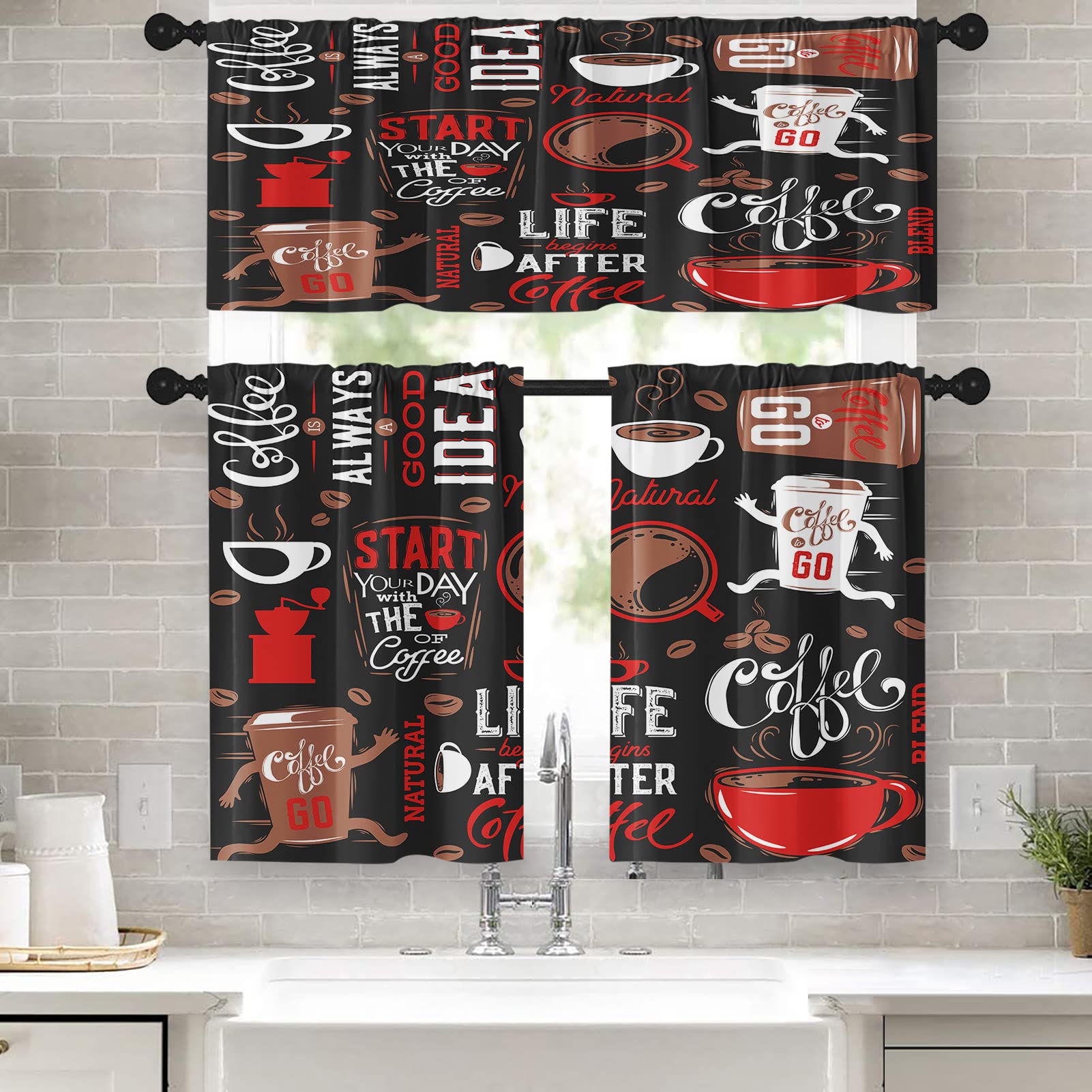 Tayney Coffee Kitchen Curtains Black Red Window Curtains Valance And Tier Set 36 Inch, Cute Rod Pocket Short Tier Curtain, Retro