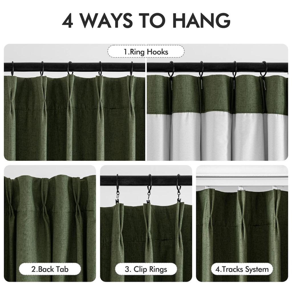 Miulee Olive Green Pinch Pleated 100% Blackout Linen Curtains For Bedroom, Room Darkening Dark Green Window Curtains 84 Inches L