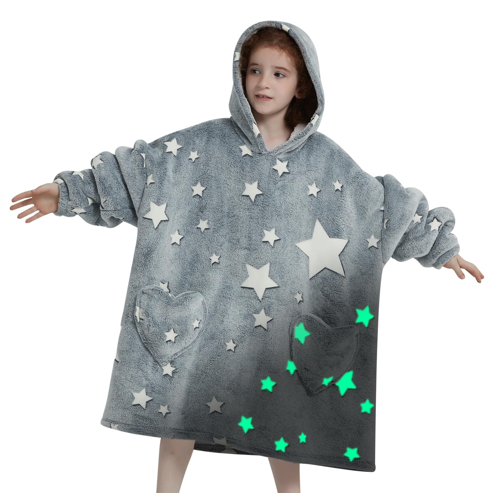 Mewkou Glow In The Dark Luminous Stars Wearable Blanket Hoodie For Kids 6-13Yr,Oversized Sherpa Blanket Hoodie,Gifts For Girls B