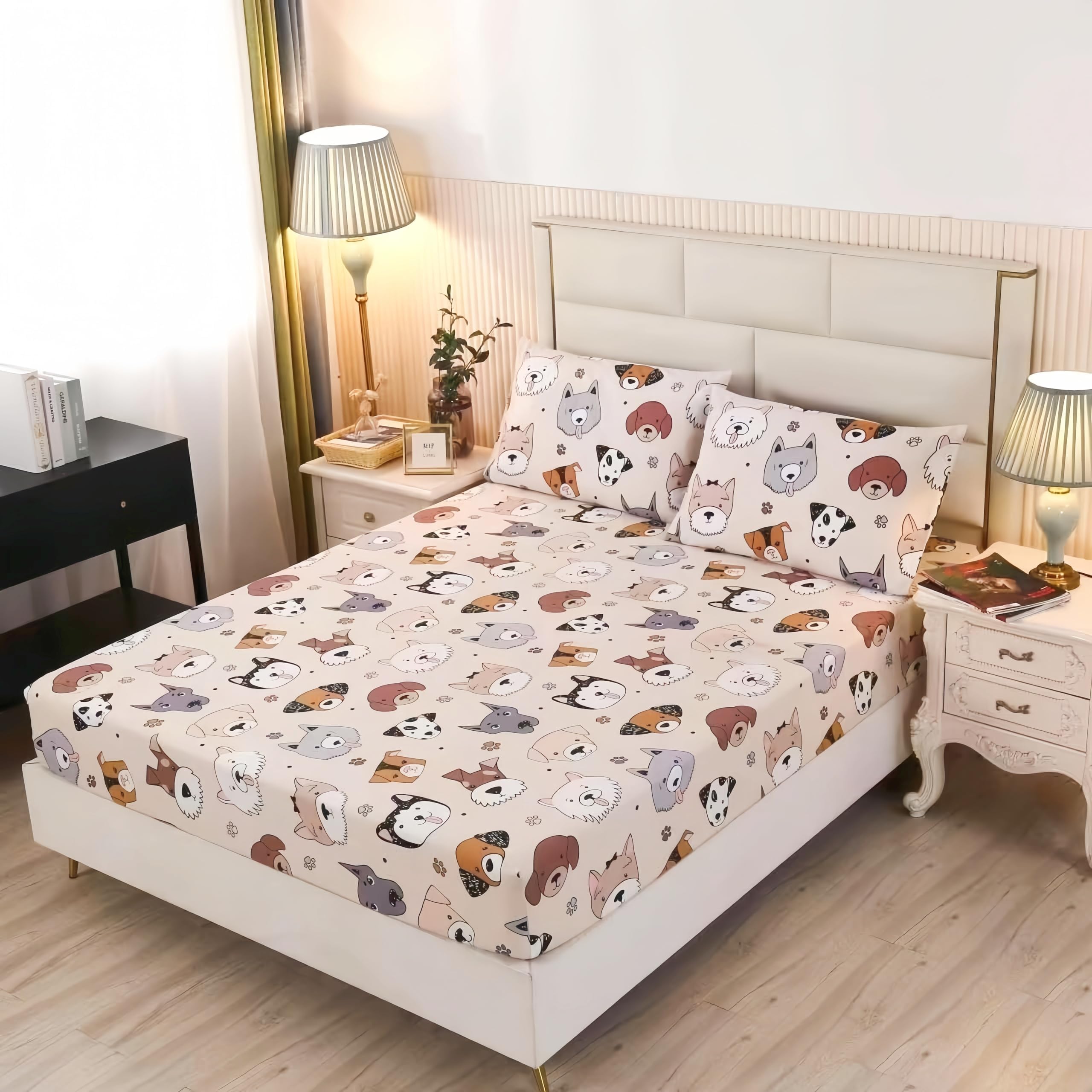 Sdy 3Pcs Dog Fitted Sheet, Doggy Print Pattern Bedding Sheet Queen With Deep Pocket Fitted Sheet & 2 Pillowcases, Soft And Trend
