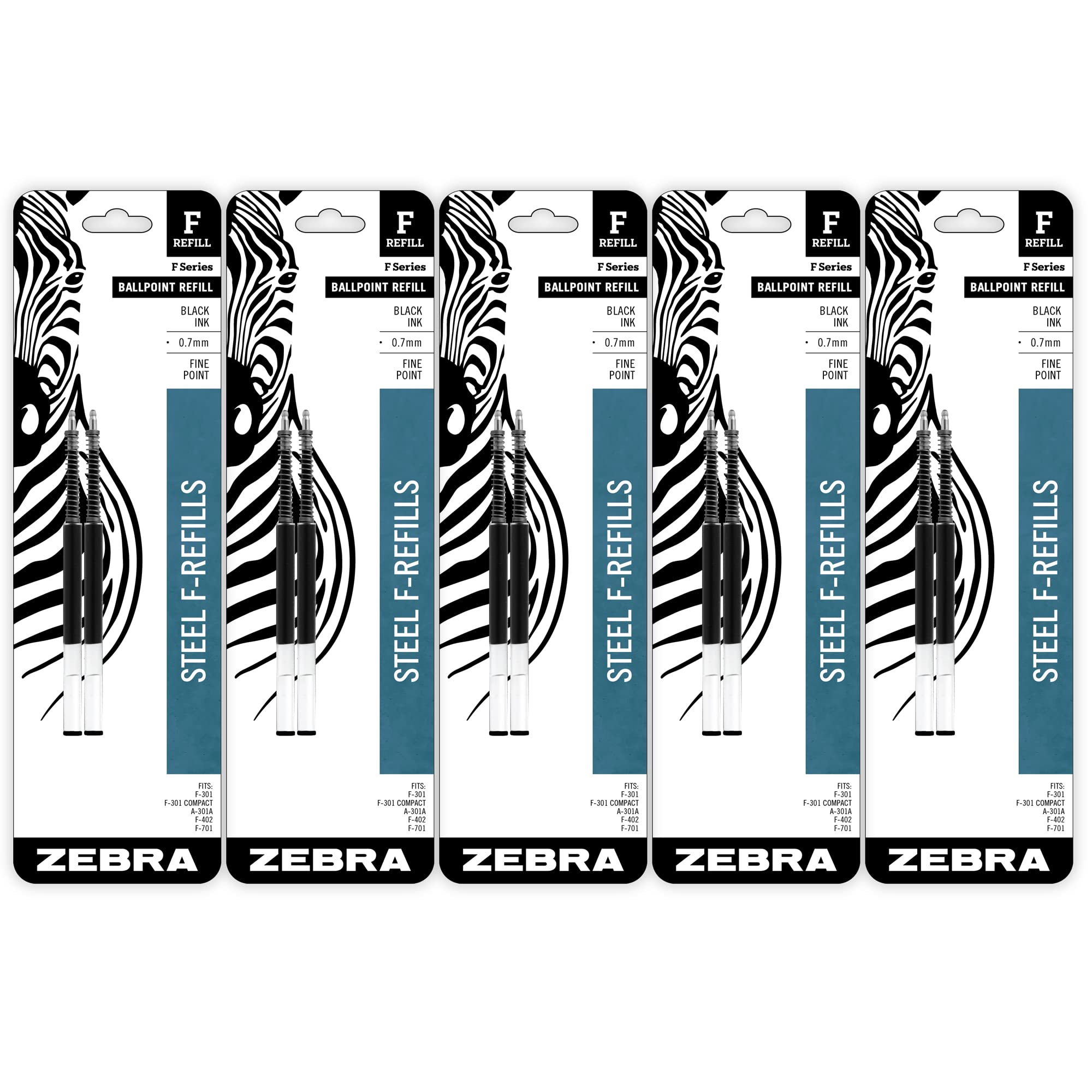 Zebra Pen F-Series Ballpoint Stainless Steel Pen Refill, Fine Point, 0.7Mm, Black Ink, 10-Pack, (50073) - (Case Of 12, 120 Count