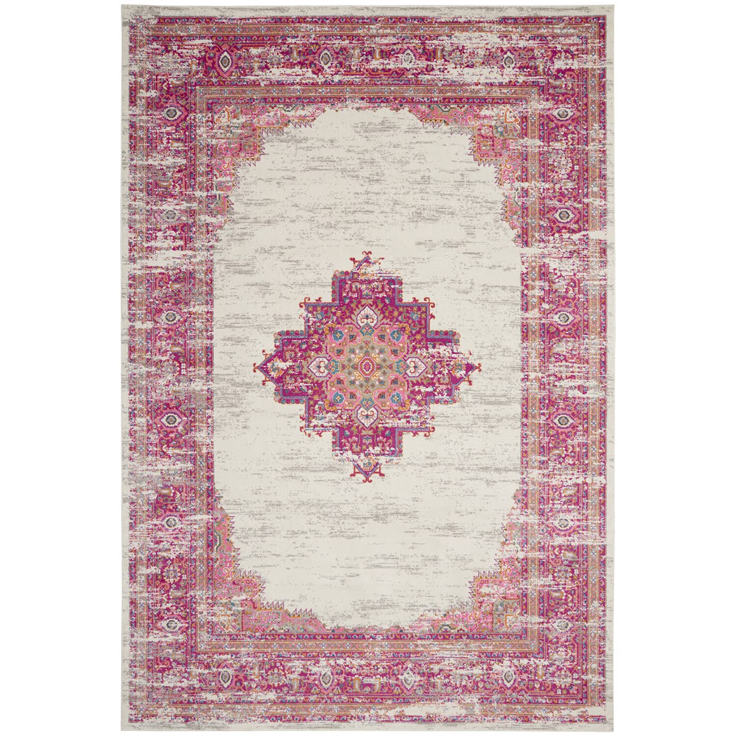 Nourison Passion Ivory/Fushia 10' x 14' Area-Rug, Boho, Traditional, Easy-Cleaning, Non Shedding, Bed Room, Living Room, Hallway