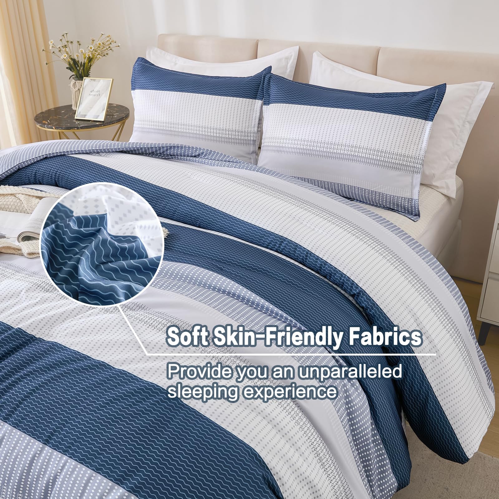 Litanika Full Comforter Set Mineral Blue - 3 Pieces Lightweight Fluffy Bedding Comforter Sets, All Season Down Alternative Comfo