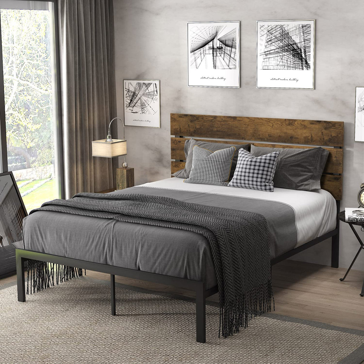 Allewie Queen Size Platform Bed Frame With Wooden Headboard And Metal Slats/Rustic Country Style Mattress Foundation/Box Spring