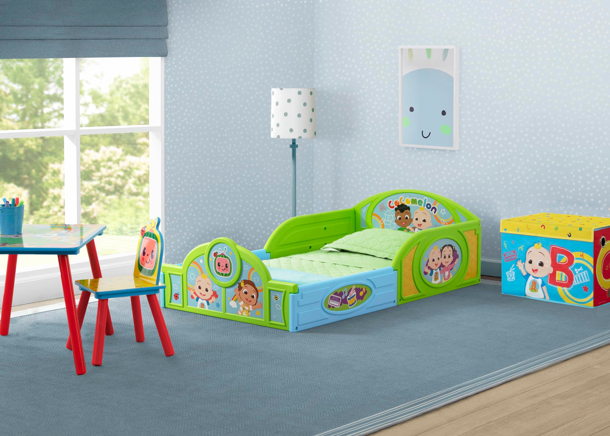 Delta Children CoComelon Sleep and Play Toddler Bed, Table, Chair and Toy Box Set Wood Green 99763CM-1224