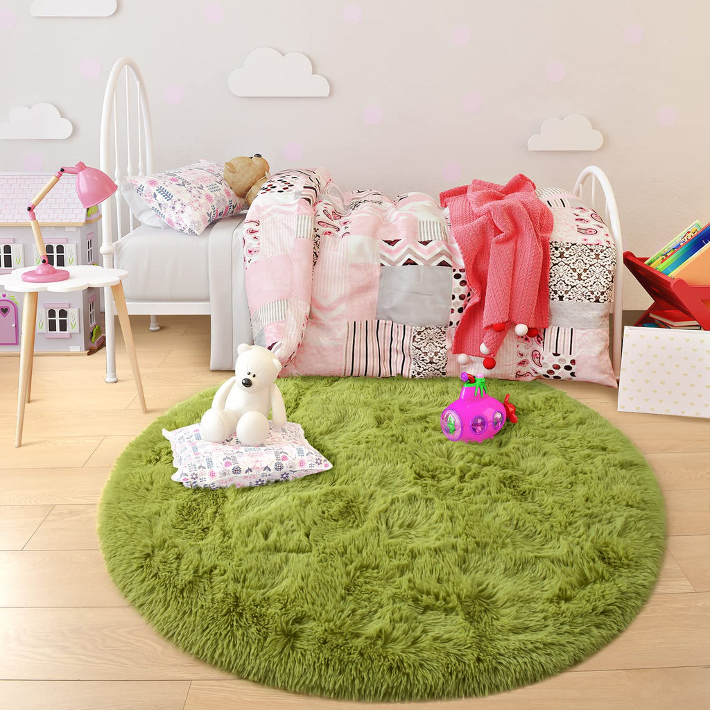 Junovo Round Rug, 4Ft, Green, Soft Area Rugs For Kids Girls Room Decor, Fluffy Shaggy Carpet, Circular Nursery Rug For Baby Room
