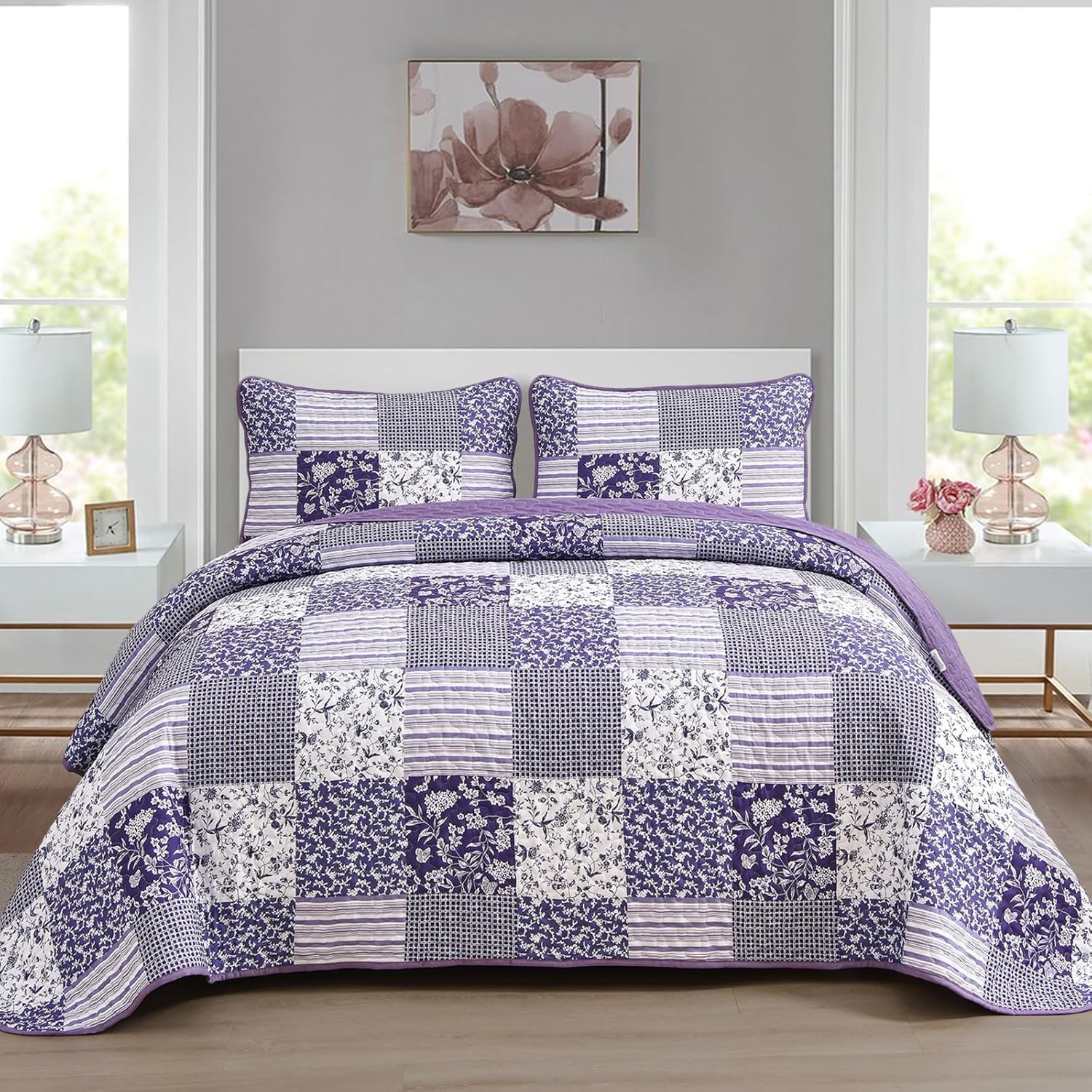 Mybedsoul Purple Quilt Set Twin Size, 2 Pieces Plaid Floral Bedspread Set Patchwork Reversible Bedding Set Microfiber Lightweigh