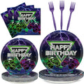 96 Pcs Monster Truck Party Supplies Decorations Truck Happy Birthday Party Plates Green Purple Monster Truck Tableware and Napki
