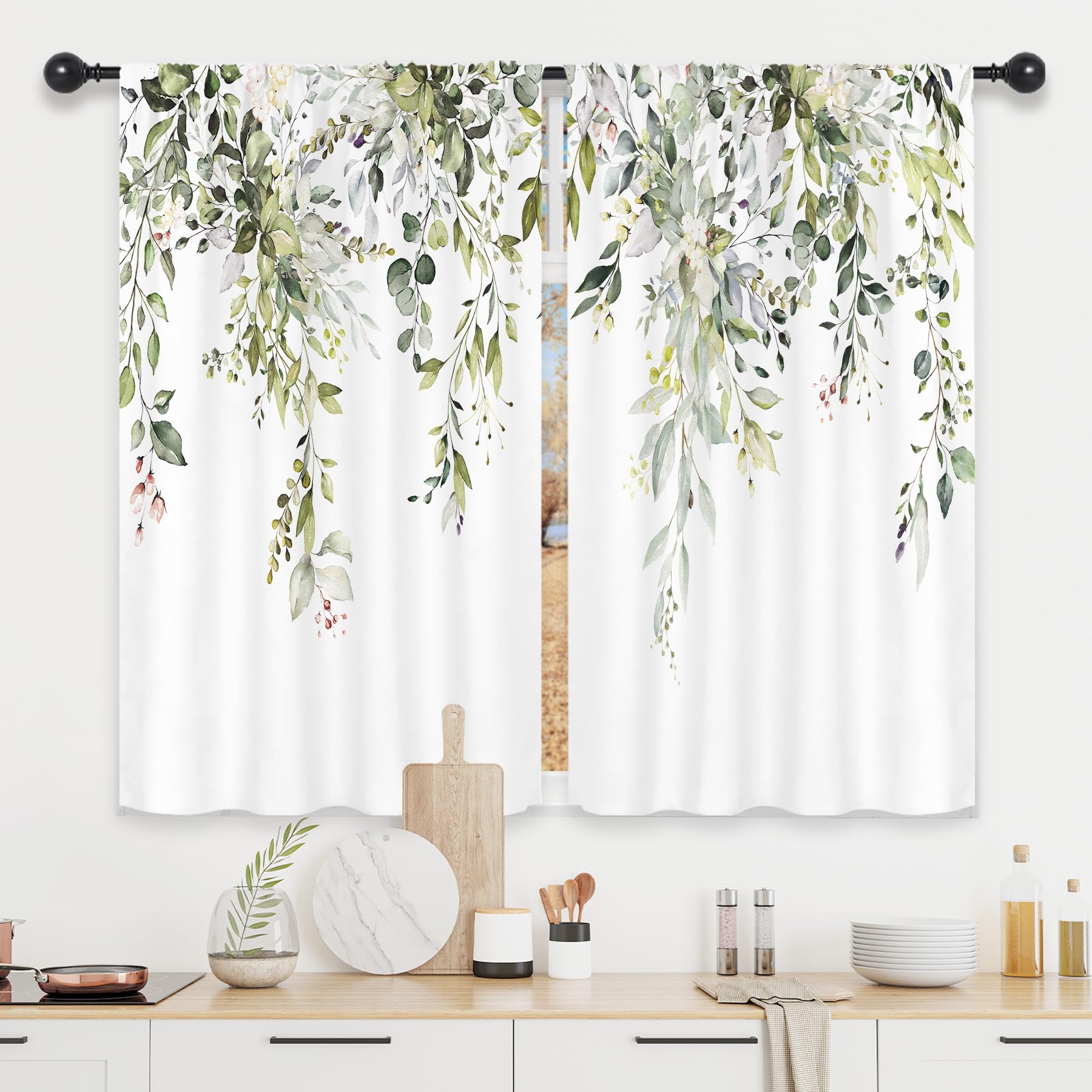 Riyidecor Sage Green Eucalyptus Leaves Kitchen Curtains Plants Flower Spring Floral Botanical Pattern Cafe Curtains for Bathroom