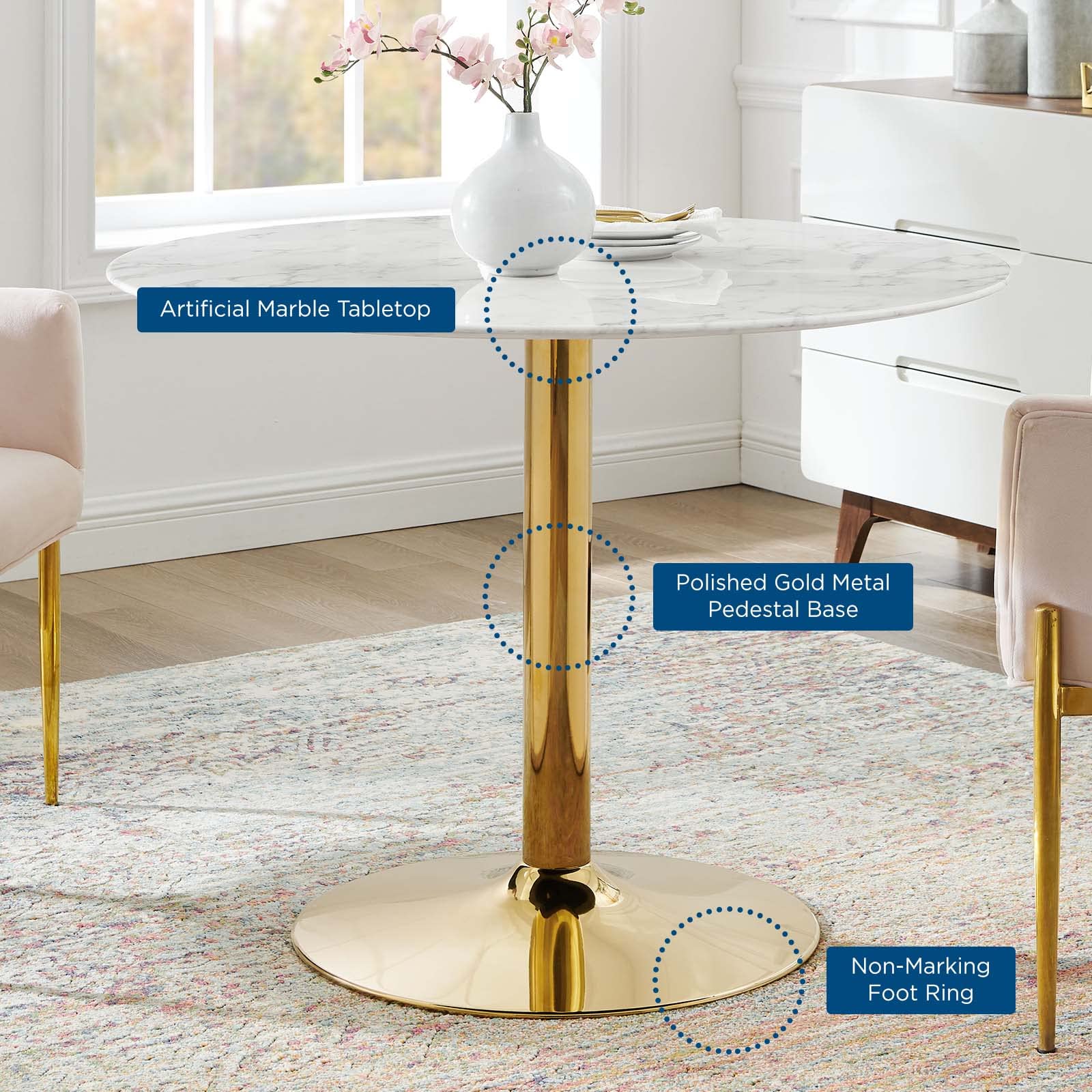 Modway Verne Round Artificial Marble 40" Dining Table in Gold White