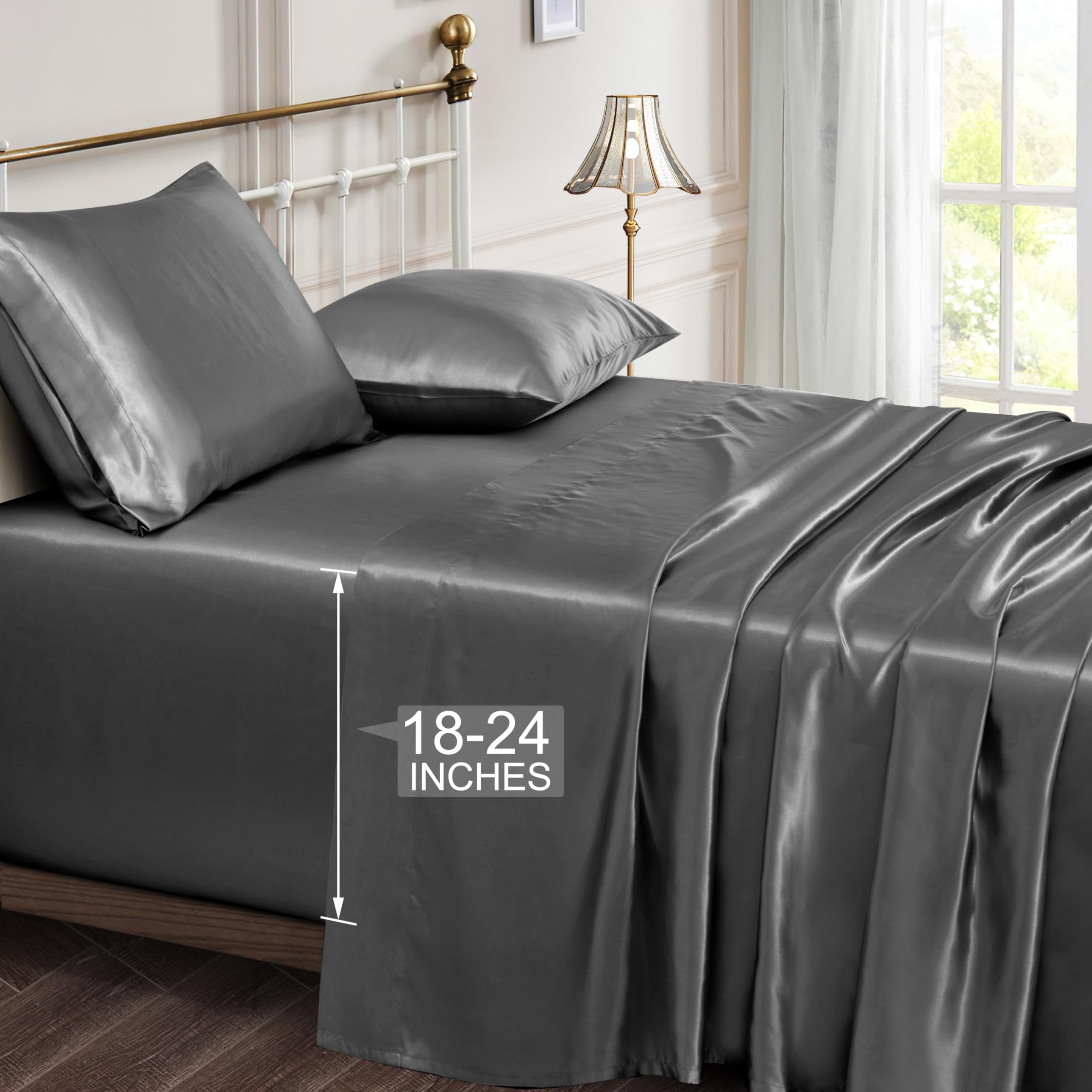 Vonty Satin Sheets Extra Deep Pocket Full Sheet Sets - Cooling & Silky Satin Full Size Sheets with 18-24 Inch Deep Pocket, Grey 
