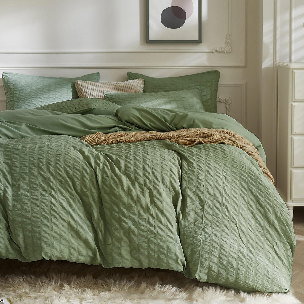 Jellymoni Dark Green Duvet Cover King Size, 3Pcs Washed Microfiber Bedding Set, Soft Breathable Seersucker Duvet Cover Set With