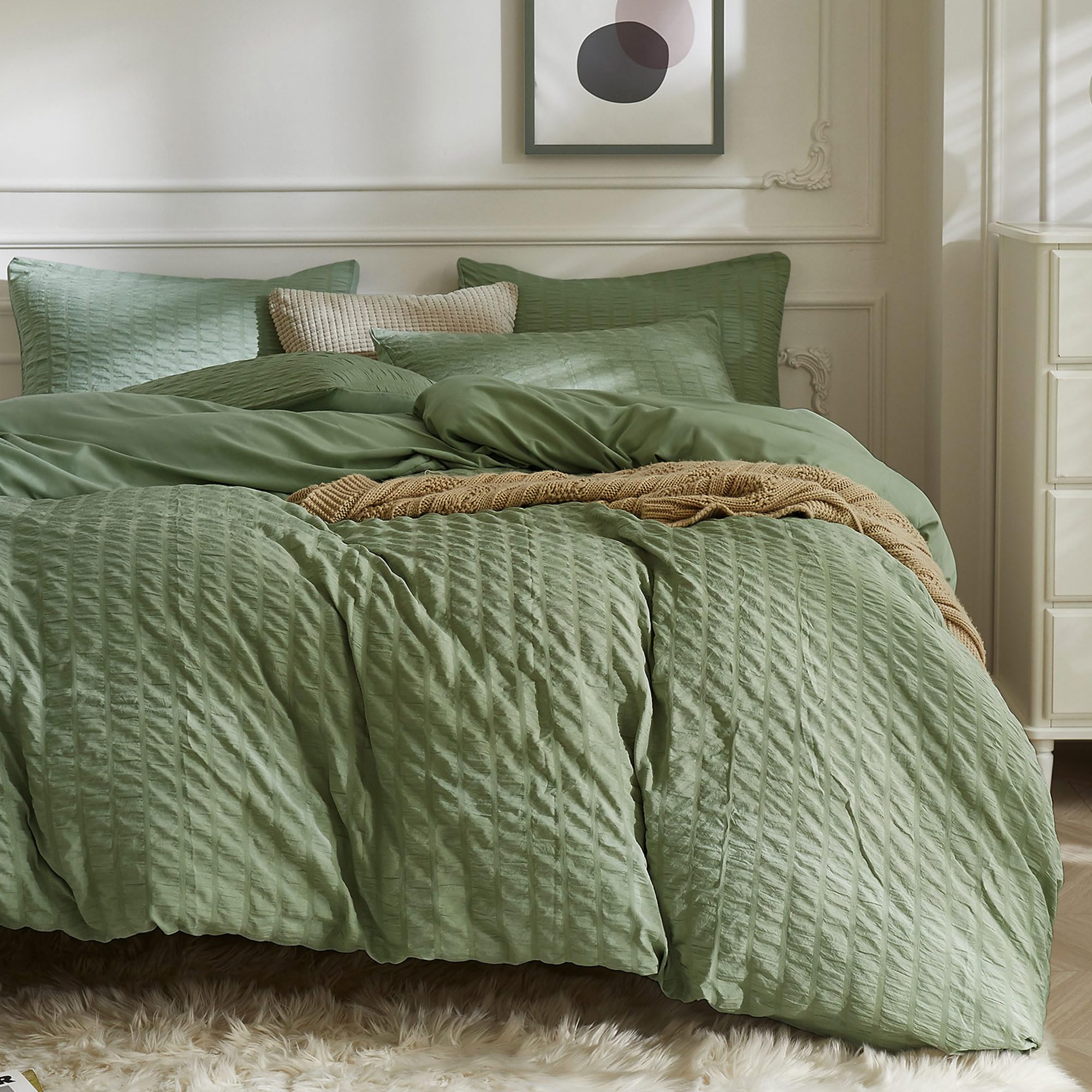 Jellymoni Dark Green Duvet Cover King Size, 3Pcs Washed Microfiber Bedding Set, Soft Breathable Seersucker Duvet Cover Set With