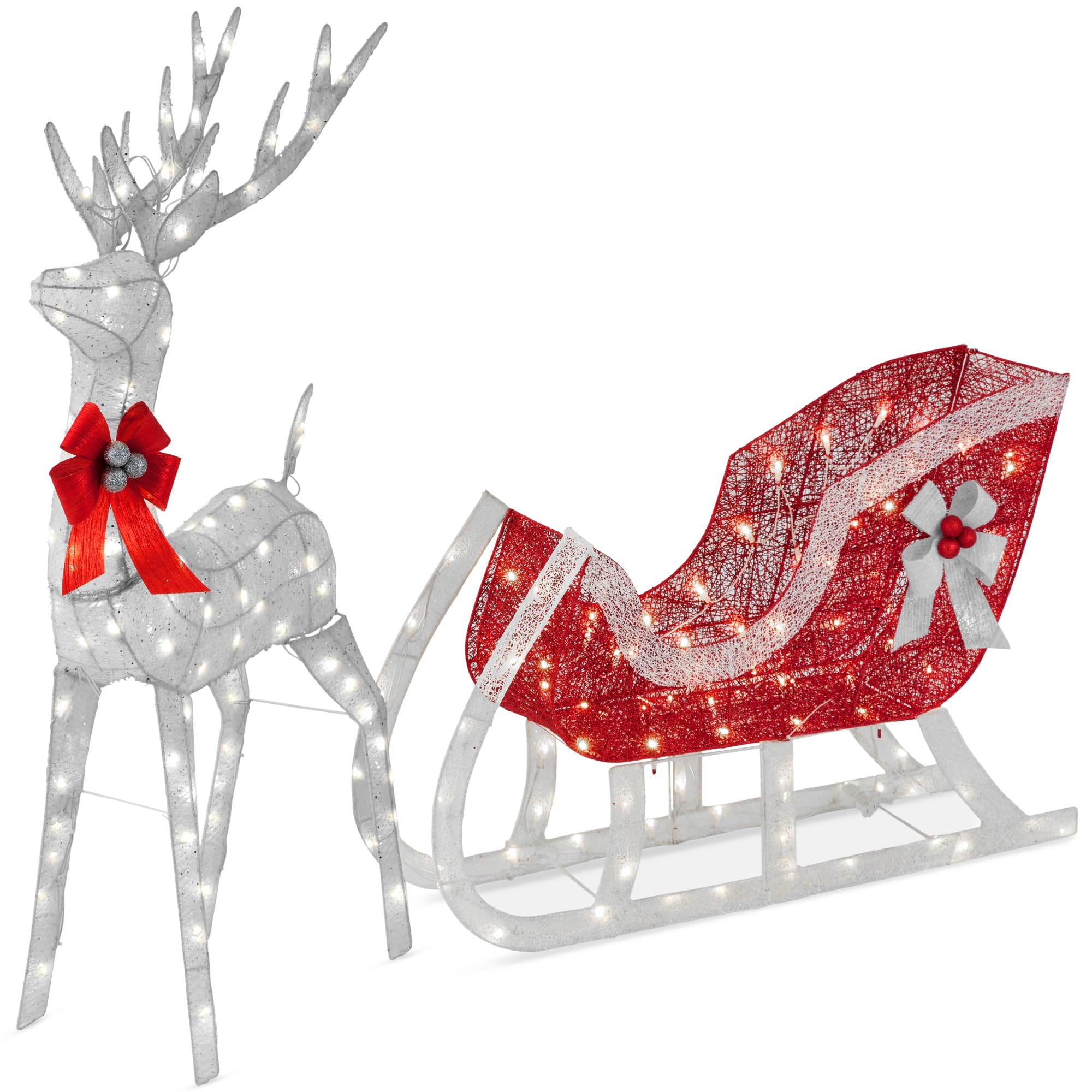 Best Choice Products Lighted Christmas 4ft Reindeer & Sleigh Outdoor Yard Decoration Set w/ 205 LED Lights, Stakes, Zip Ties - S