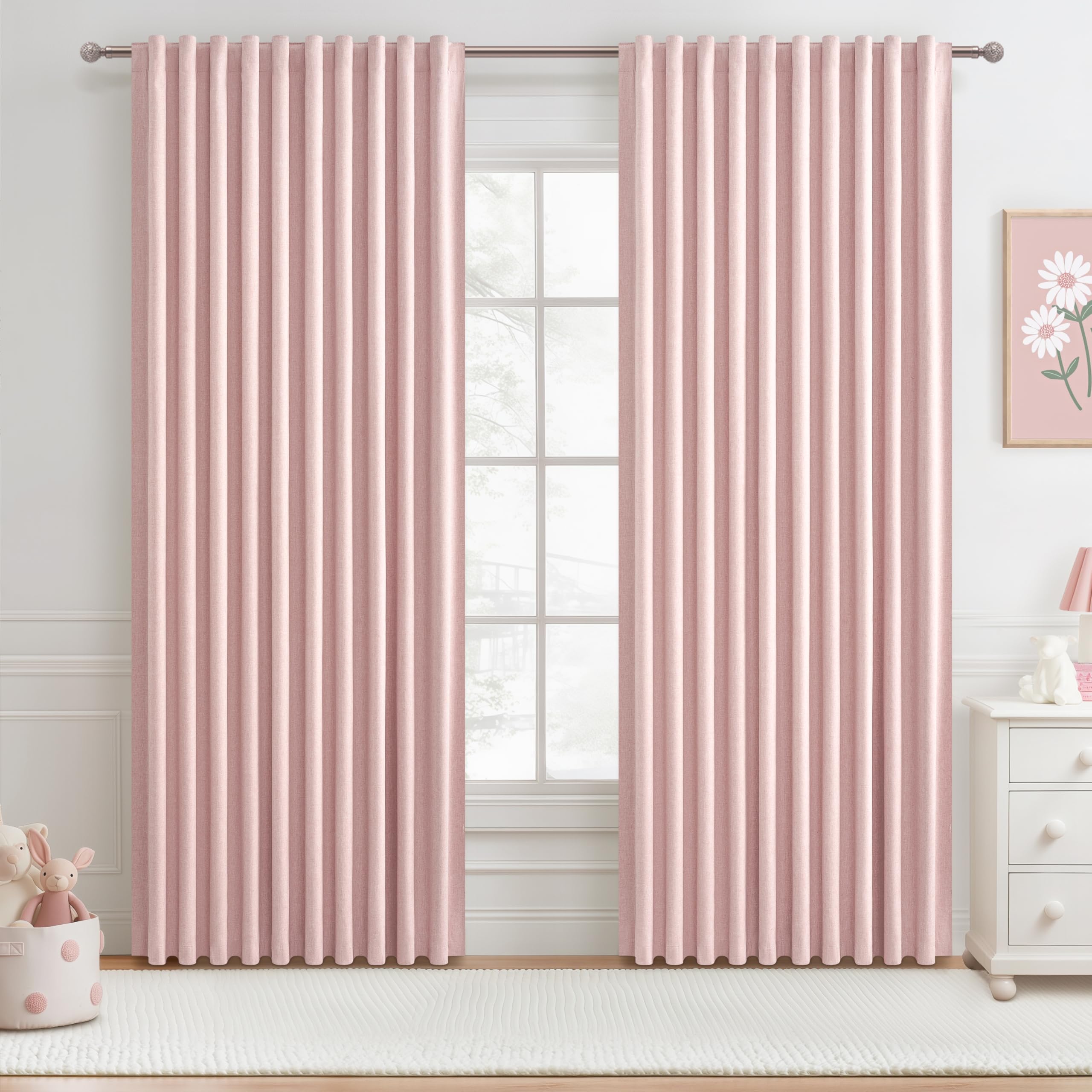 Cute Baby Pink Blackout Curtains 70 Inches Extra Wide Pleated for Grils Bedroom 2 Panels Set, 96 Inch Long Curtain for Sliding G