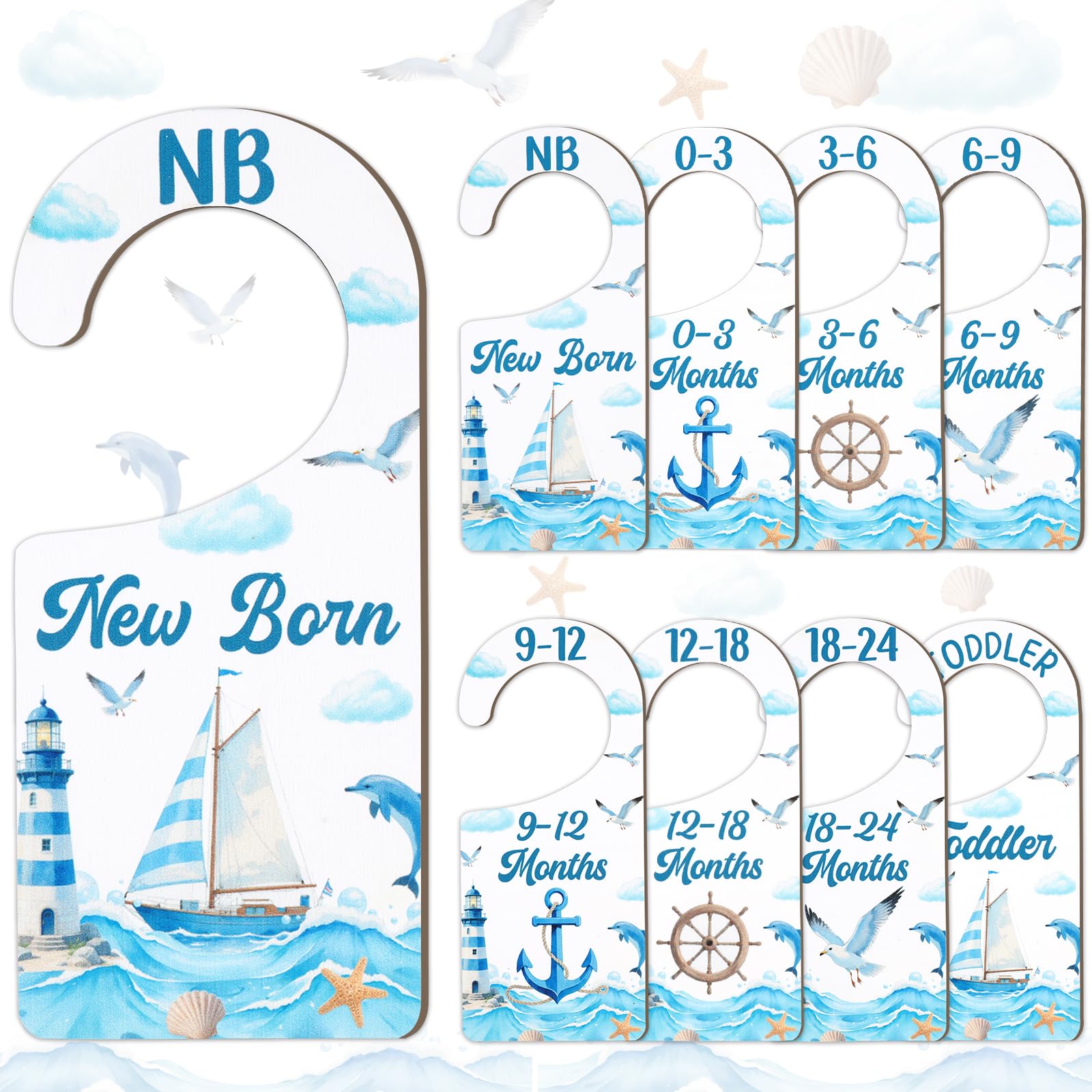 CORNER LACE Baby Closet Dividers 8PCS, Nautical Themed Wooden Double-Sided Clothes Size Hanger/Organizer from Newborn to Toddler