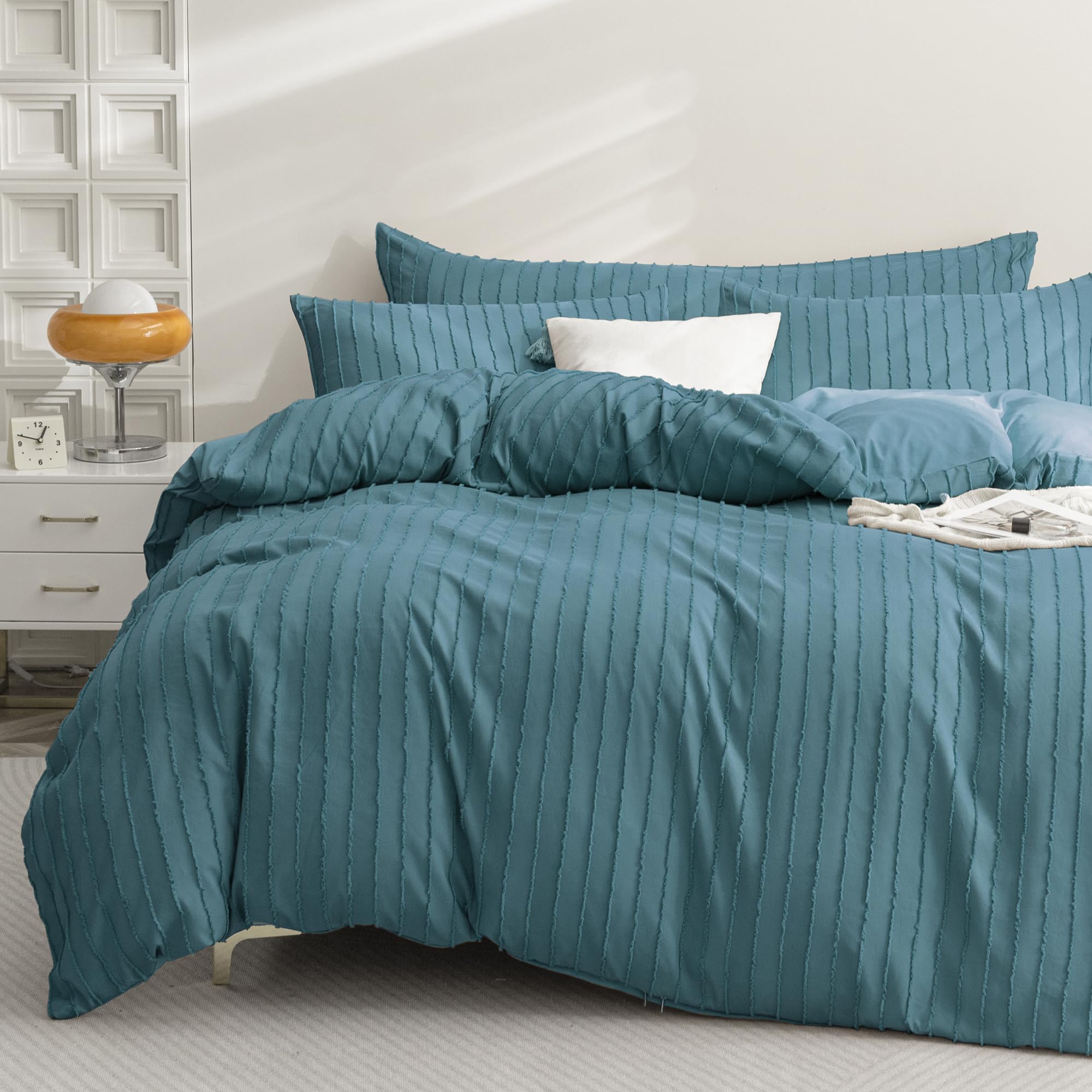 Jellymoni Grayish Blue Duvet Cover King Size - 3Pcs Microfiber Tufted Duvet Cover Set, Boho Striped Tufted Textured Duvet Cover