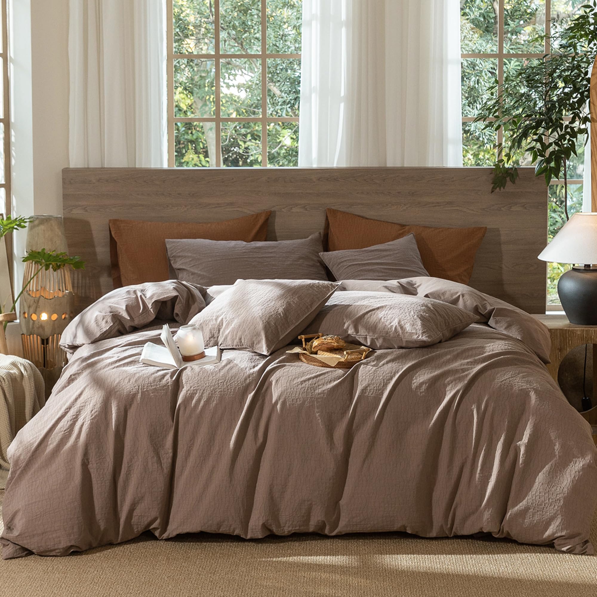 MooMee Wavy Striped Duvet Cover Set 100% Washed Cotton Linen Like Textured Breathable Durable Soft Comfy (Brown, Full 80x90)