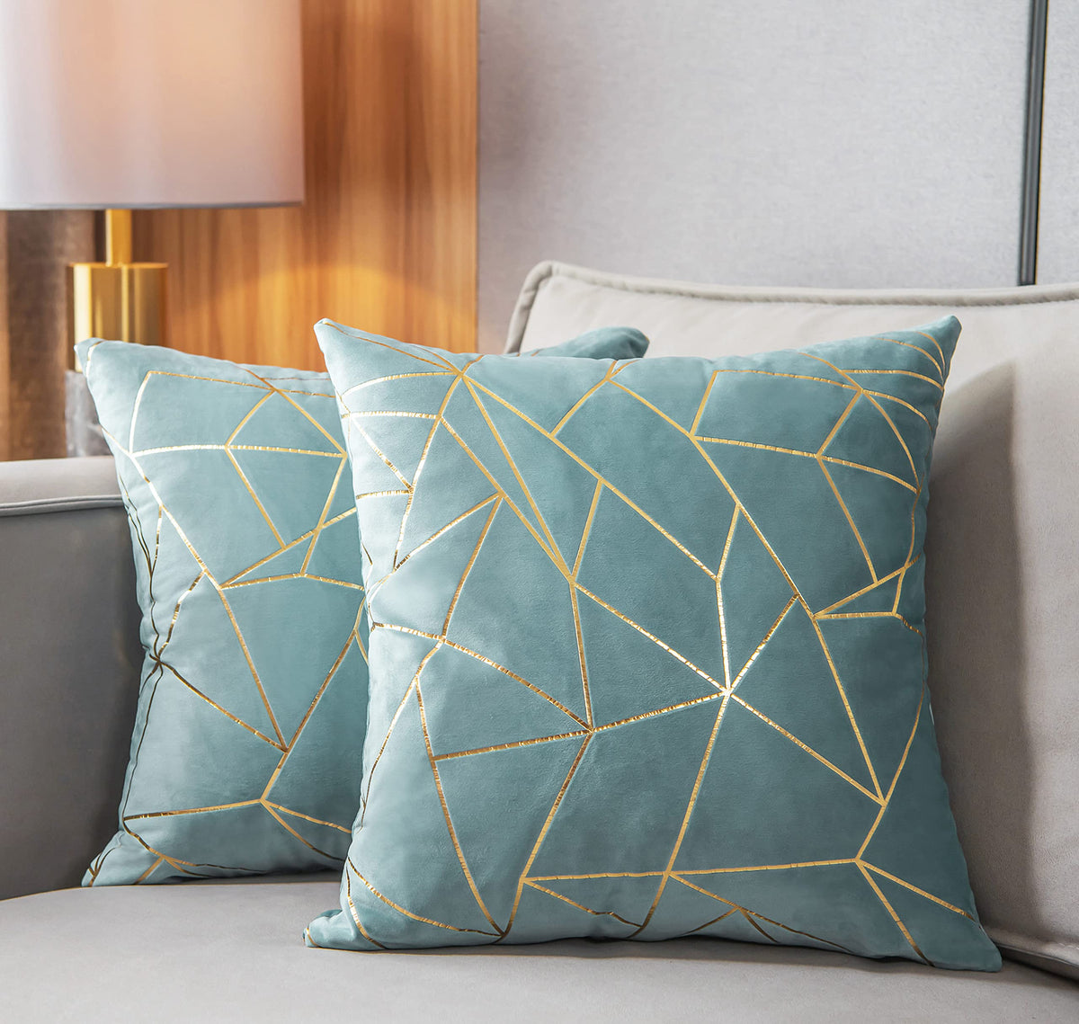 YONGLIU Pack of 2 Velvet Cushion Cases Decorative Gold Foil Geometric Pattern Soft Square Throw Pillow Covers for Modern Homes Couch Sofa Bedroom Living Room Car(Light Blue and Gold, 18“X18”)