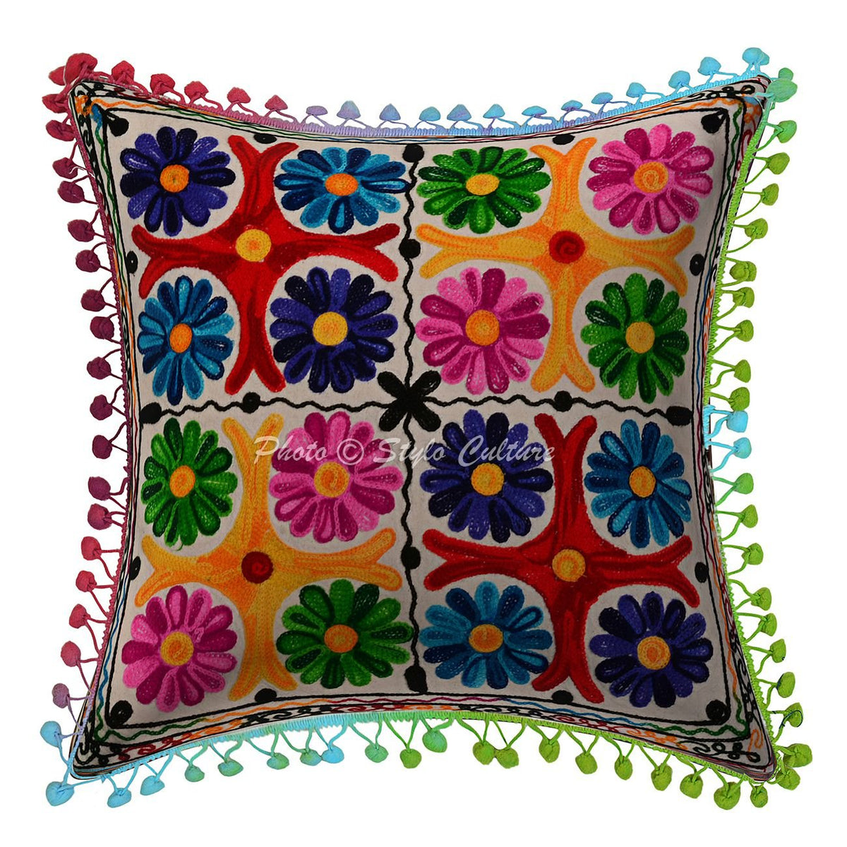 Stylo Culture Decorative Cotton Sofa Cushion Cover 16 By 16 Suzani Embroidered Floral Colorful Sujani Cushion Cover For Living R