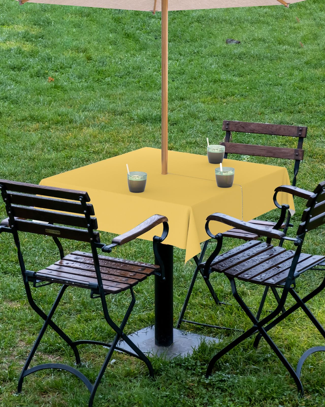 QueenKer Outdoor Tablecloth with Umbrella Hole Zipper Yellow Polyester 54 x 54 inch
