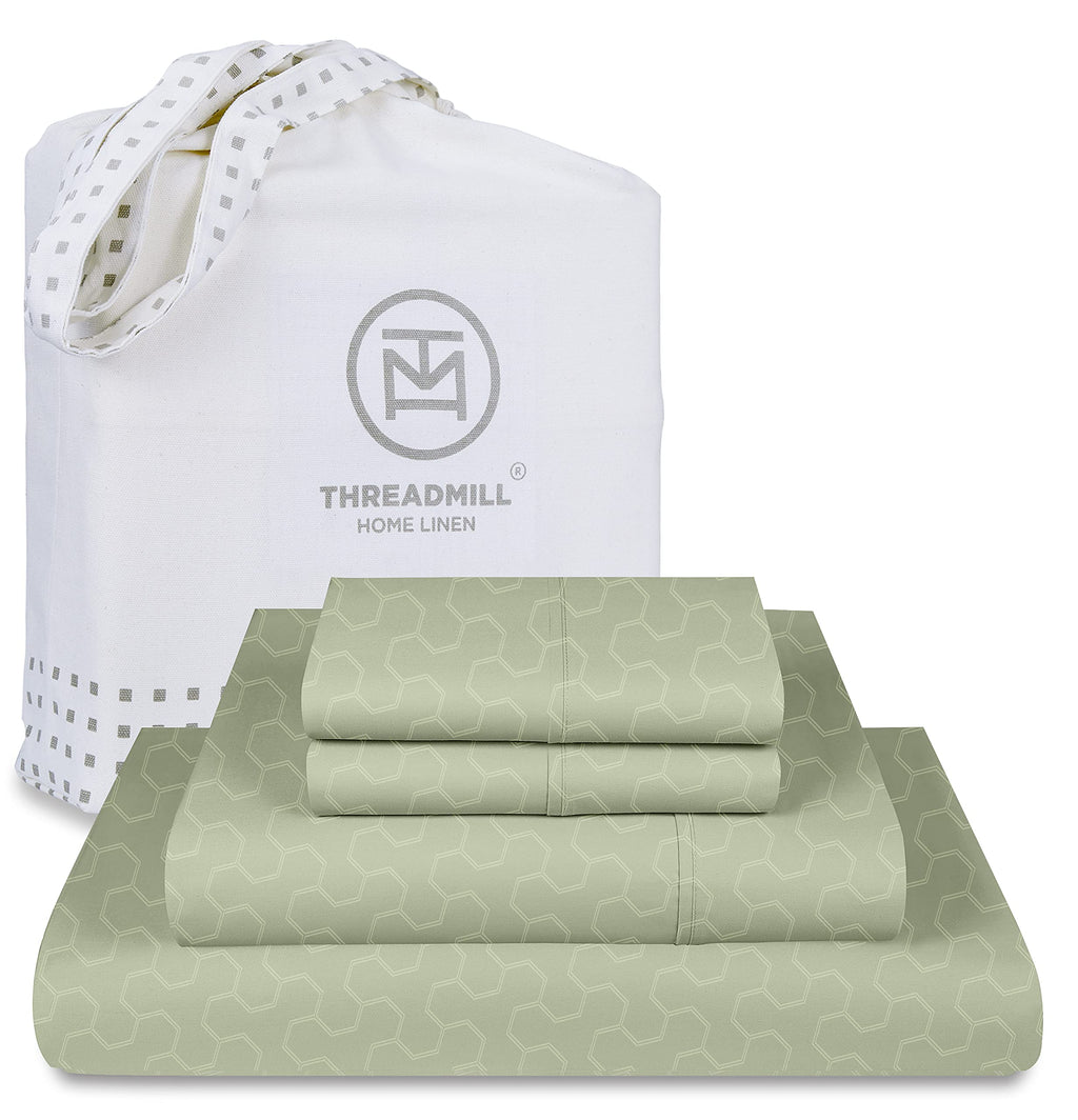 Threadmill 500 Thread Count King Size 4 Pc Luxury Cotton Bed Sheet Set, Jacquard Floria Sage Green, Silky Soft Sheets with 16'' 
