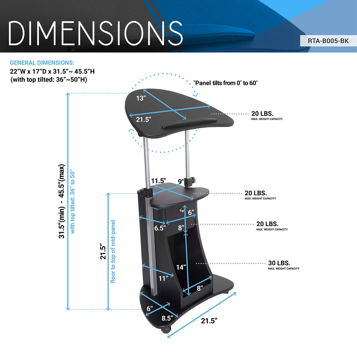 Techni Mobili Sit-to-Stand Mobile Medical Laptop Computer Cart, Black, Adjustable Height, B005