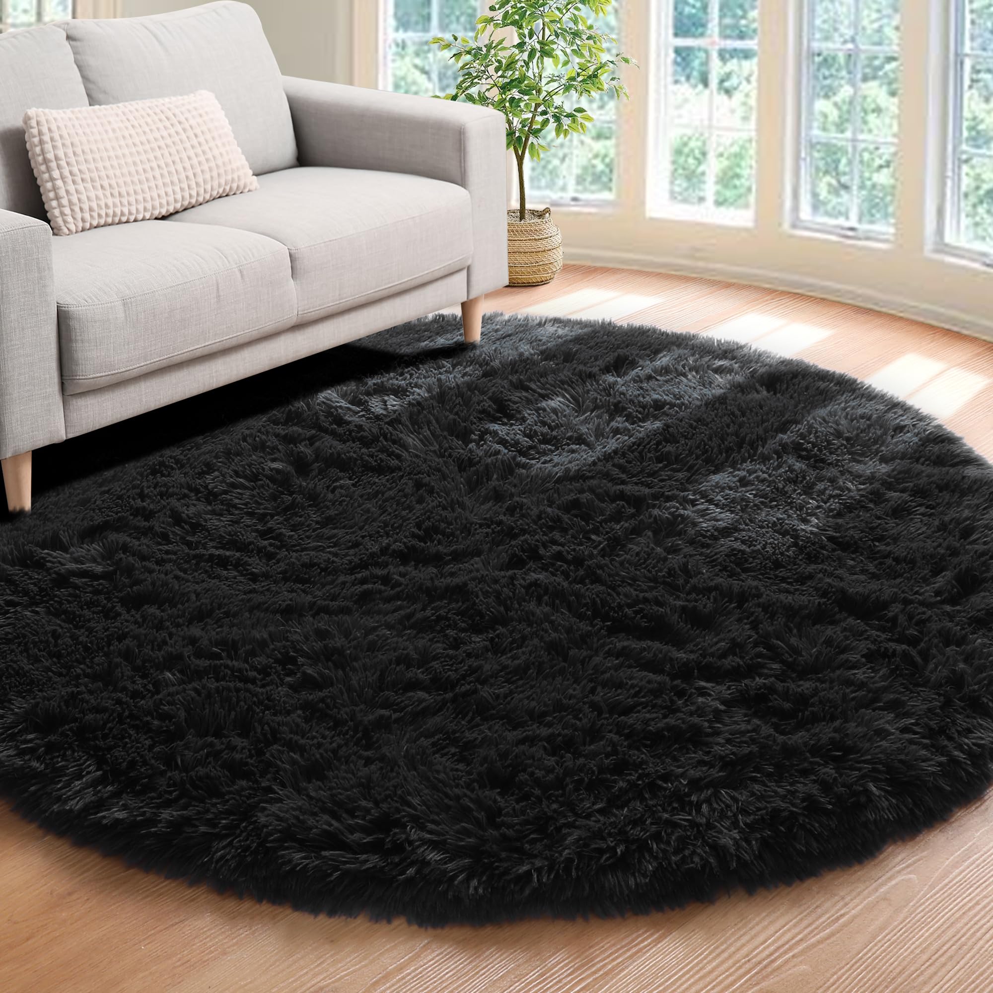 ONASAR Black Round Area Rug 6x6, Ultra Soft Bedroom Circle Rugs for Kids Girls Boys Teen Room, Fluffy Plush Shaggy Carpet Floor 