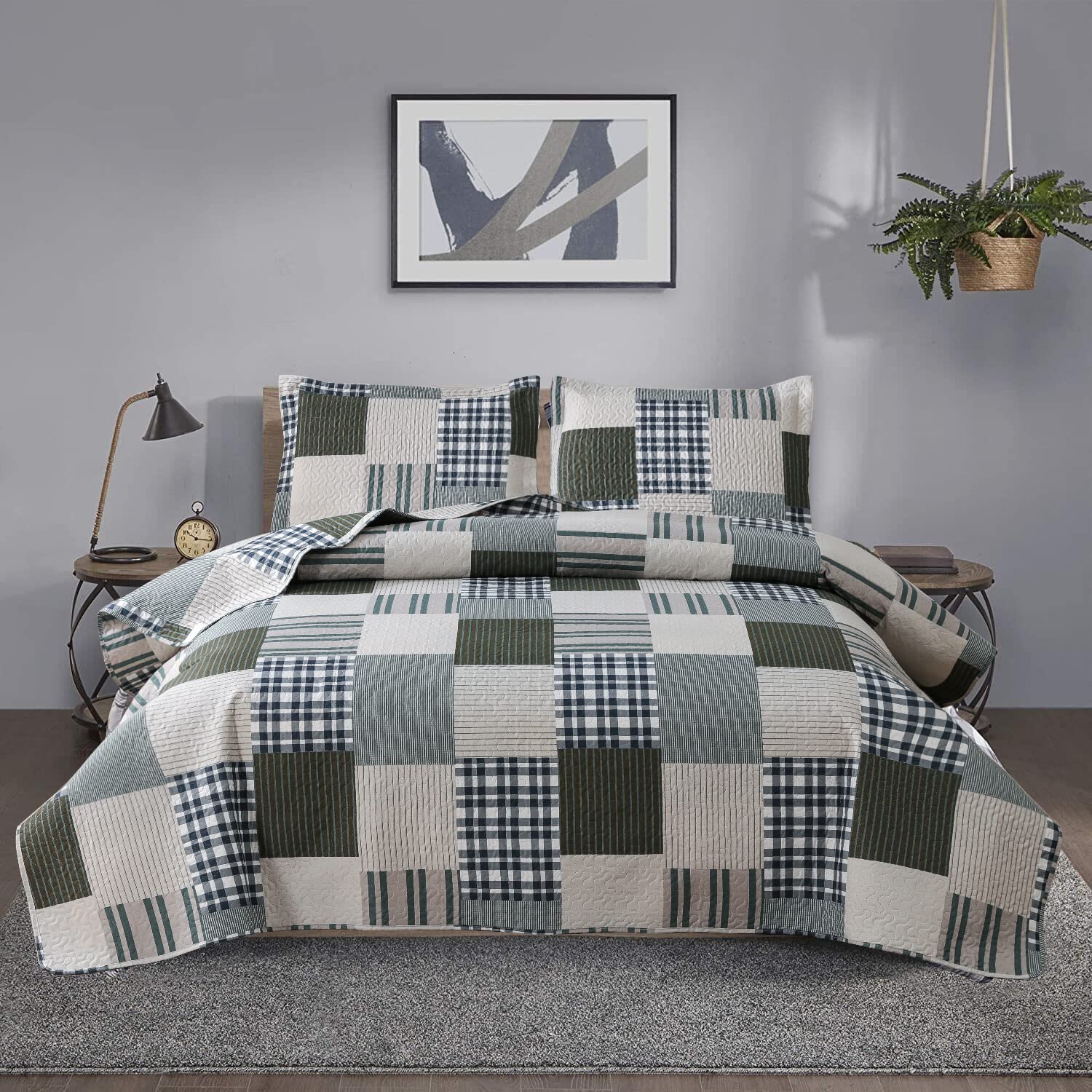 Jessy Home Bedspread Set Twin Size Quilt Set Bedding Lightweight Bedspread Plaid Patchwork Bedding Reversible Quilt Stripe Line
