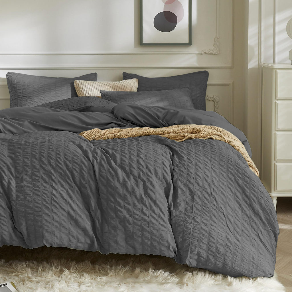 Jellymoni Charcoal Grey Duvet Cover King Size, 3Pcs Washed Microfiber Bedding Set, Soft Breathable Seersucker Duvet Cover Set Wi