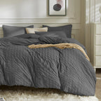 Jellymoni Charcoal Grey Duvet Cover King Size, 3Pcs Washed Microfiber Bedding Set, Soft Breathable Seersucker Duvet Cover Set Wi
