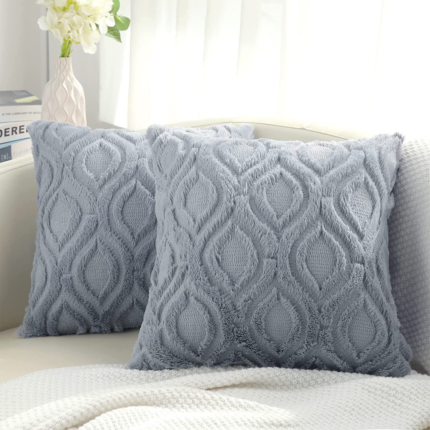 Decoruhome Decorative Throw Pillow Covers 22X22, Soft Plush Faux Wool Couch Pillow Covers For Home, Set Of 2, Blue Grey