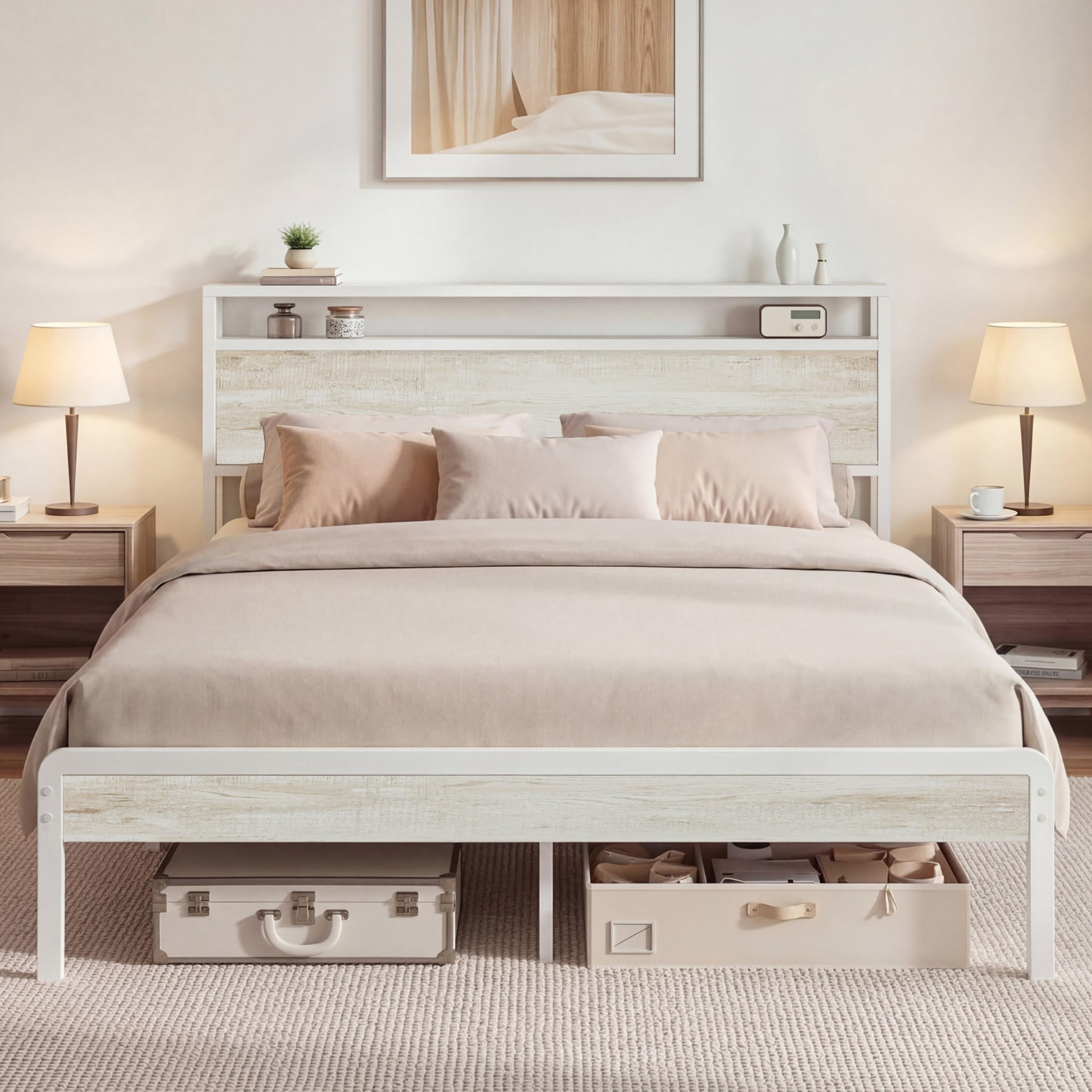 LIKIMIO Queen Bed Frame with Headboard, Wood Camas Queen with Strong Supports, Sturdy, Noise-Free, No Box Spring Needed, White M