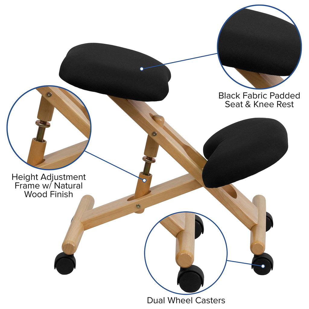 Flash Furniture Posey Mobile Wooden Kneeling Office Chair for Improved Posture, Height-Adjustable Ergonomic Office Kneeling Chair, Natural/Black