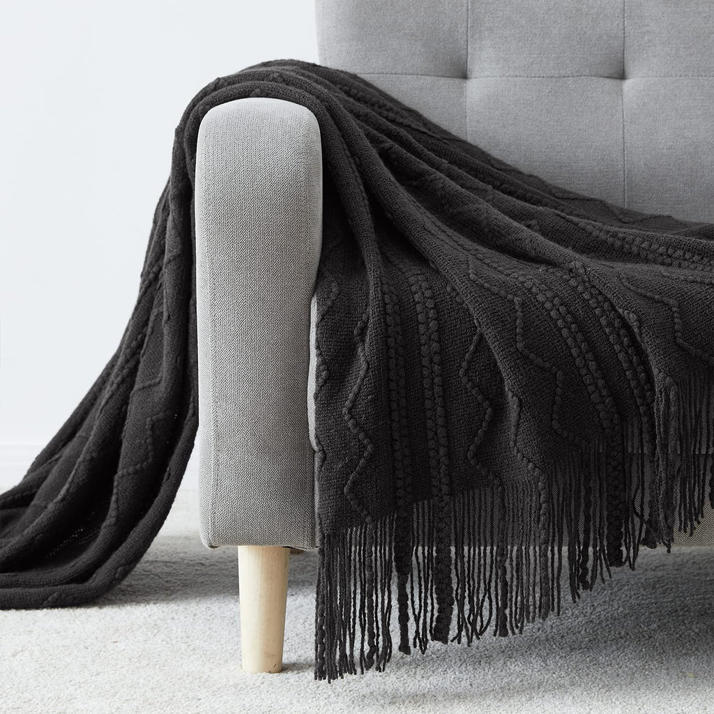 Bourina Throw Blanket Textured Solid Soft Sofa Throw Couch Cover Knitted Decorative Blanket, 50 X60 Inches Black