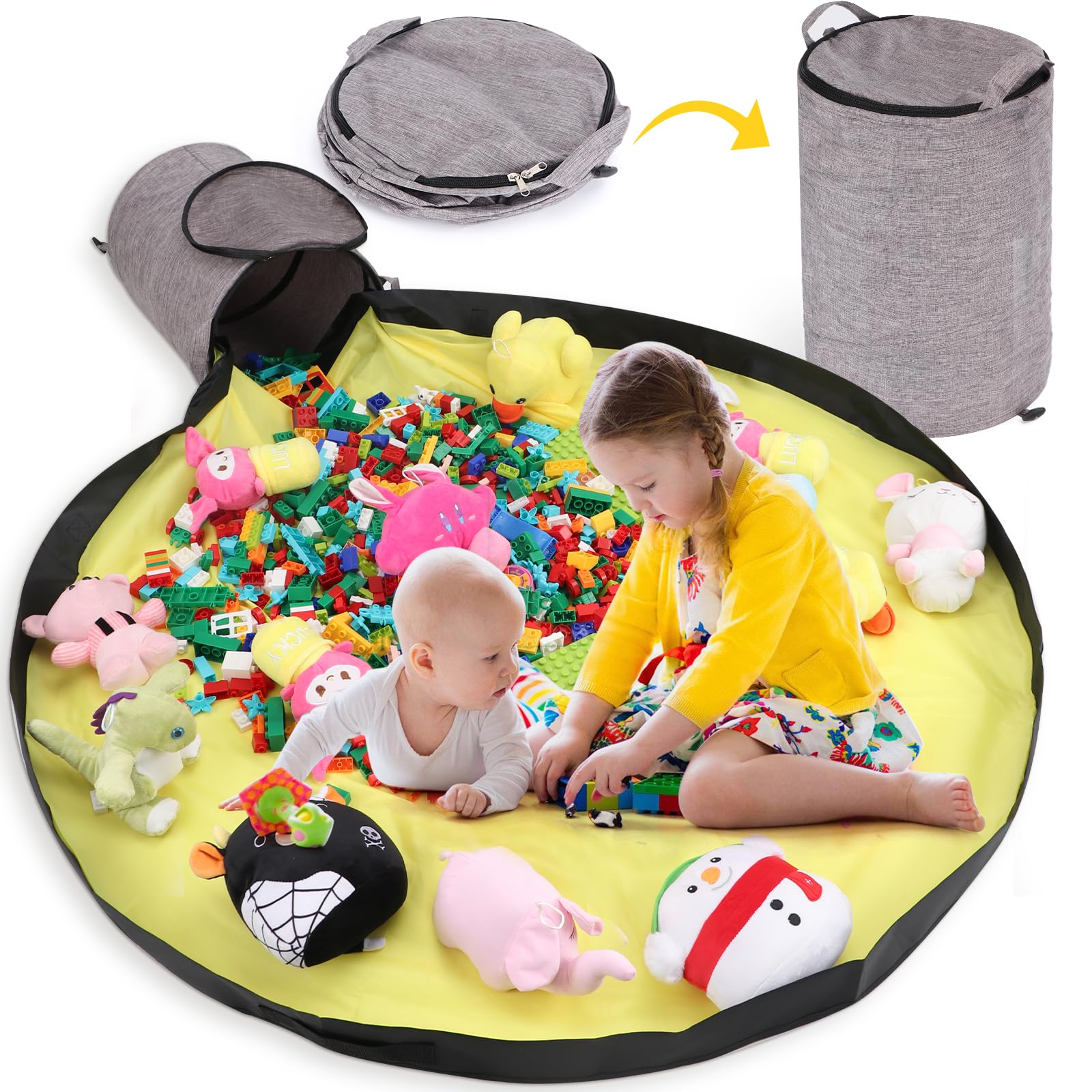 Toy Storage Organizer for Playroom, 13W x16.5H Foldable Bin with Play Mat & Zipper - Large Capacity Organizer for Scattered Buil
