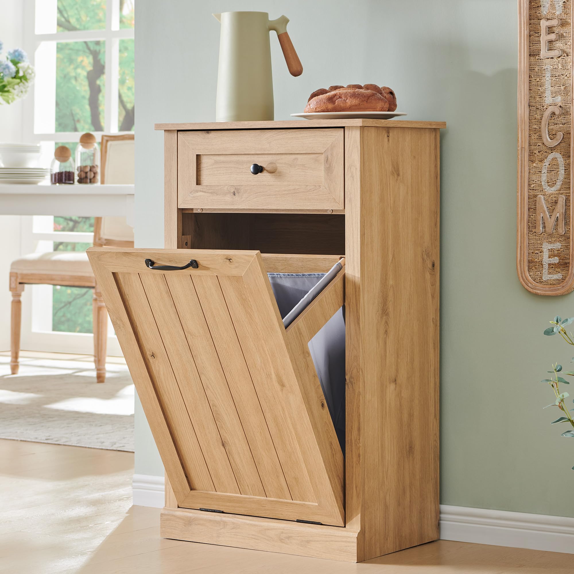 IFGET Tilt Out Trash Can Cabinet, 10 Gallon Farmhouse Laundry Hamper Cabinet with Drawer, Hidden Wooden Trash Garbage Can Bin wi